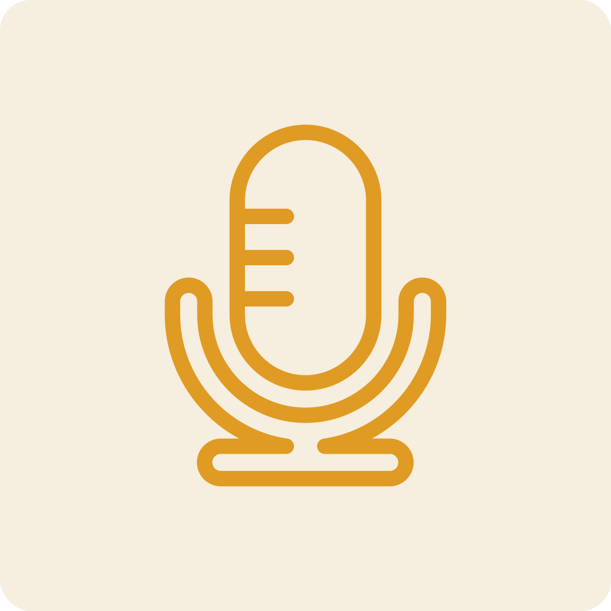 Outline of a microphone icon in brown on a light beige background.