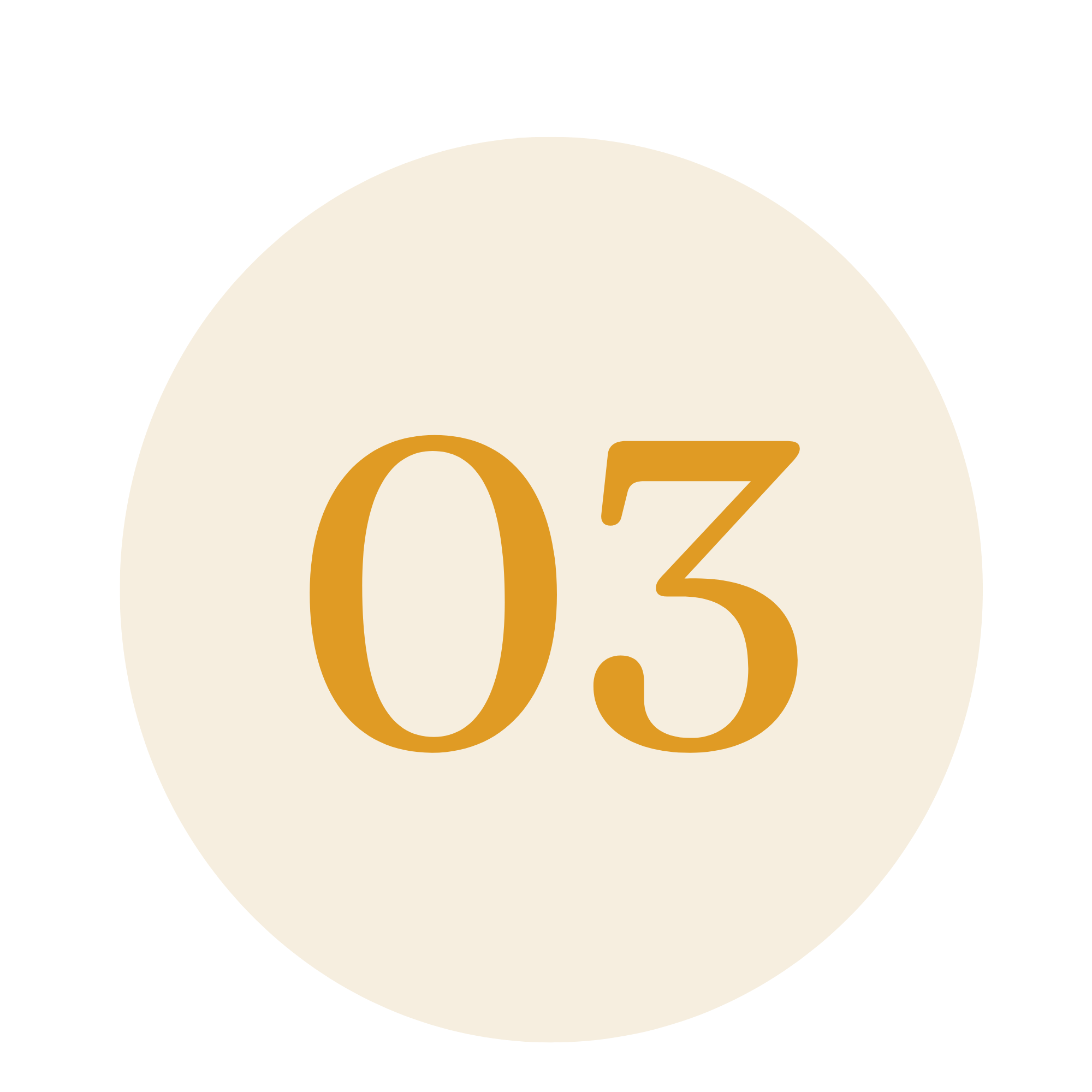 Close-up of a circular label with the number '03' in large orange font on a light background.