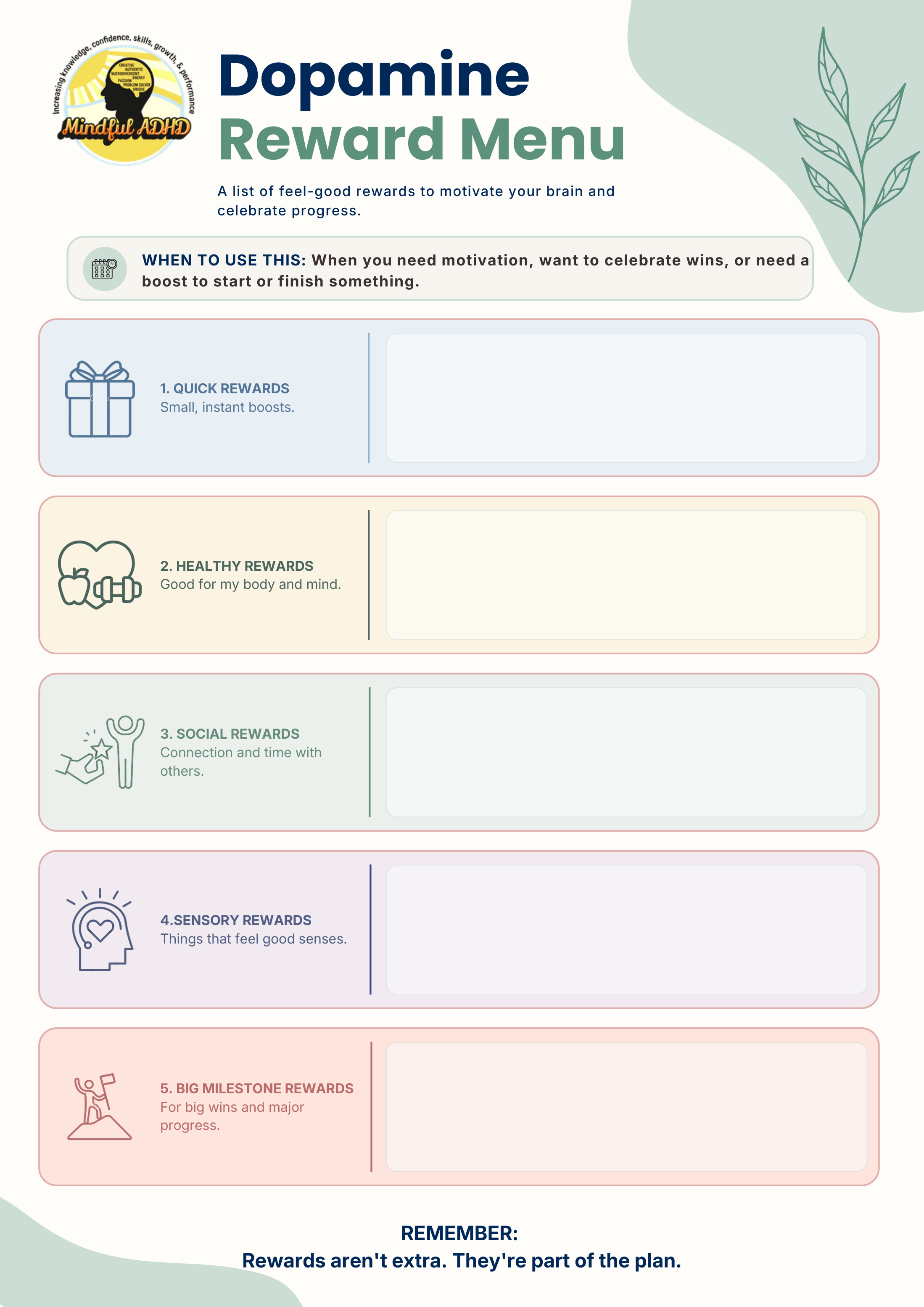 A colorful reward menu for Dopamine, a program focused on rewarding progress in mental health. The menu includes sections for quick rewards, healthy rewards, social rewards, sensory rewards, big milestone rewards, and a reminder that rewards are part of the plan.