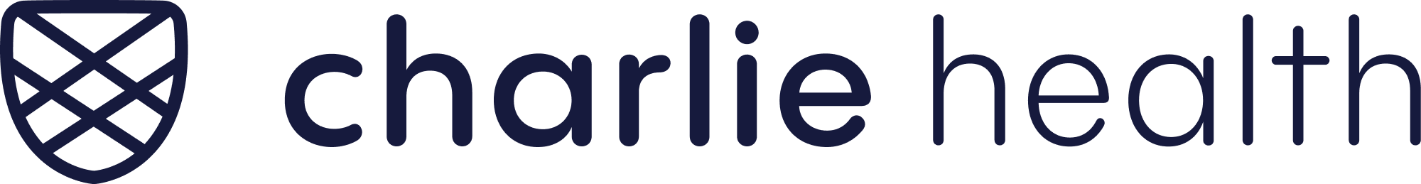 Charlie Health logo with a navy blue shield icon and navy blue text.
