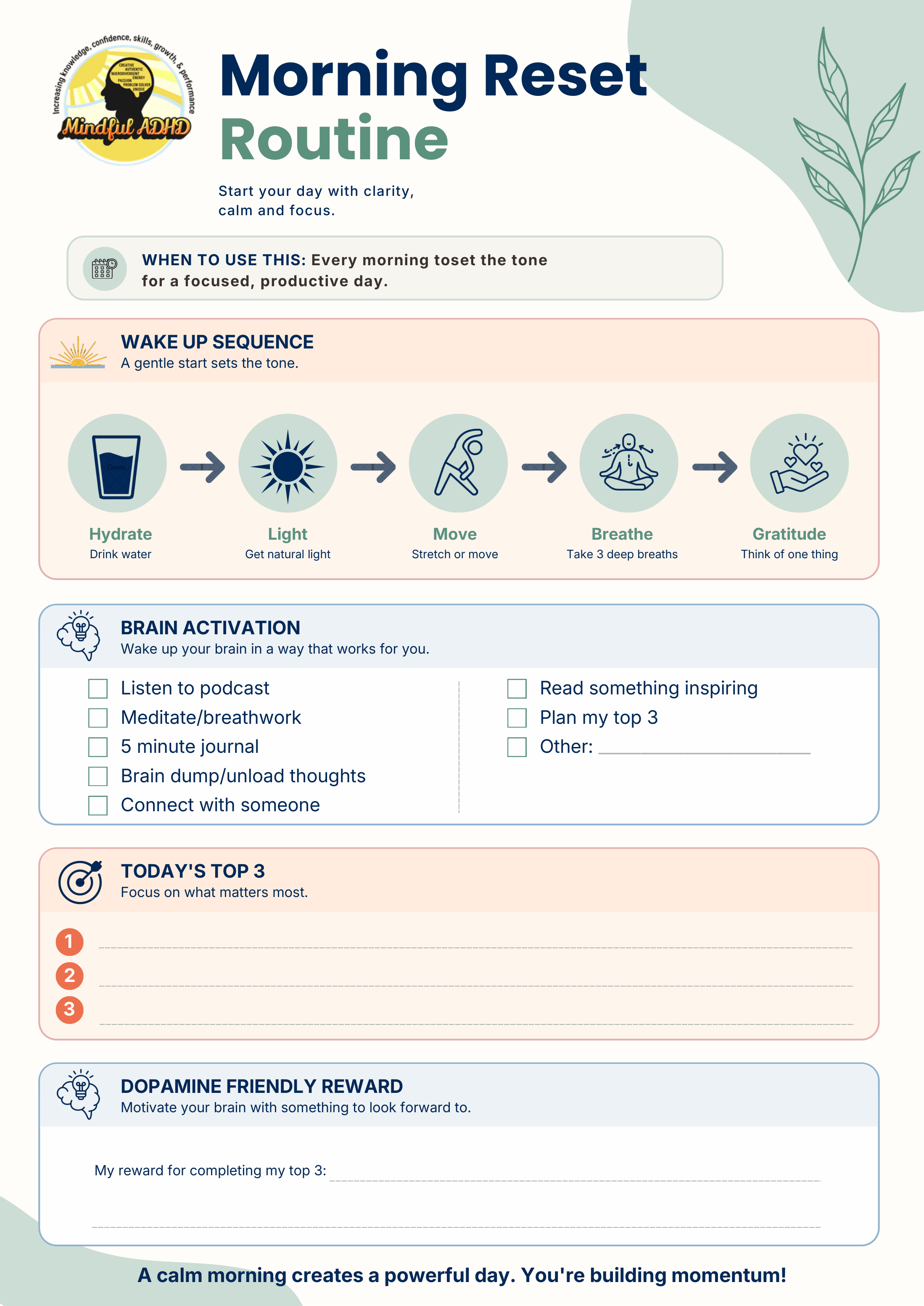 A morning routine guide featuring sections for hydration, getting natural light, stretching or moving, breathing deeply, and practicing gratitude. Includes checklist for brain activation and dopamine rewards, with motivational phrases.