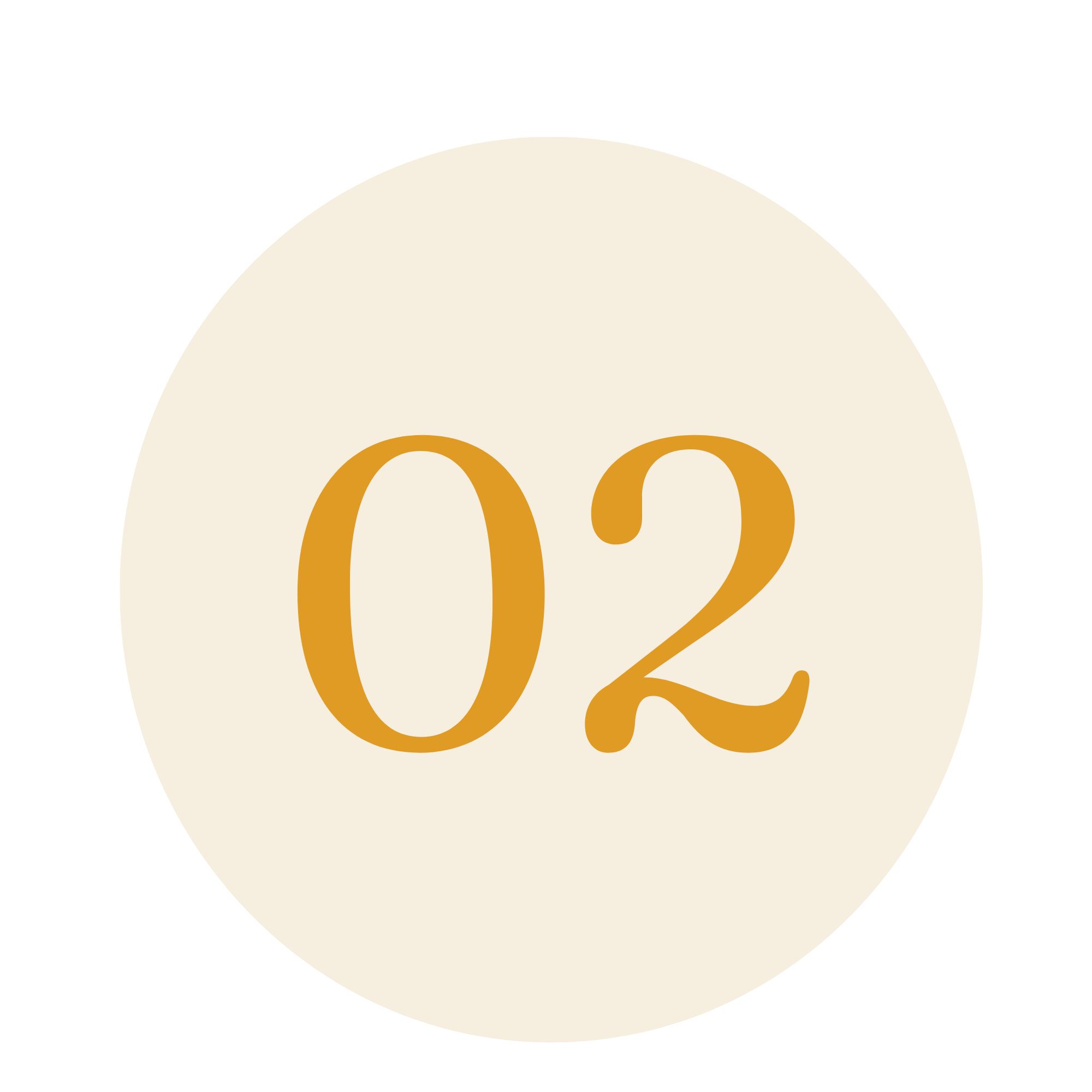 Close-up of a logo or design element with the number '02' in orange on a cream background.