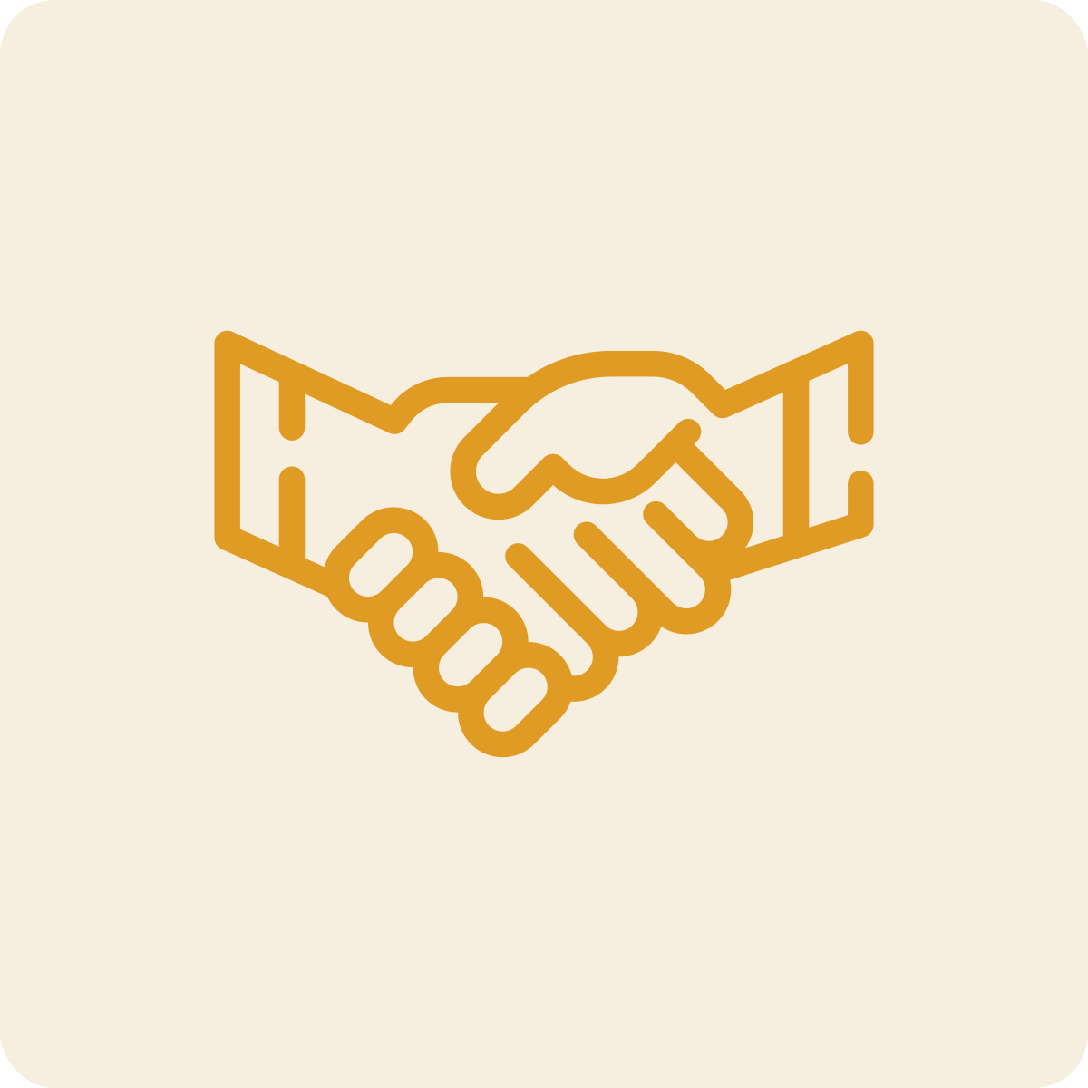 Outline of a handshake icon in gold color on a light background.
