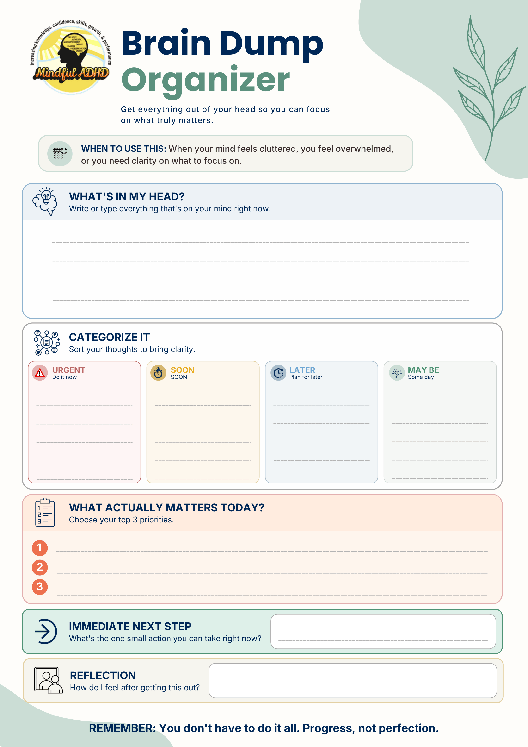 A designed brain dump organizer printable worksheet with sections for noting what is in the person's head, categorizing thoughts, identifying top priorities, immediate next steps, and reflections, with colorful headers and icons for each section, and an inspirational reminder about progress.