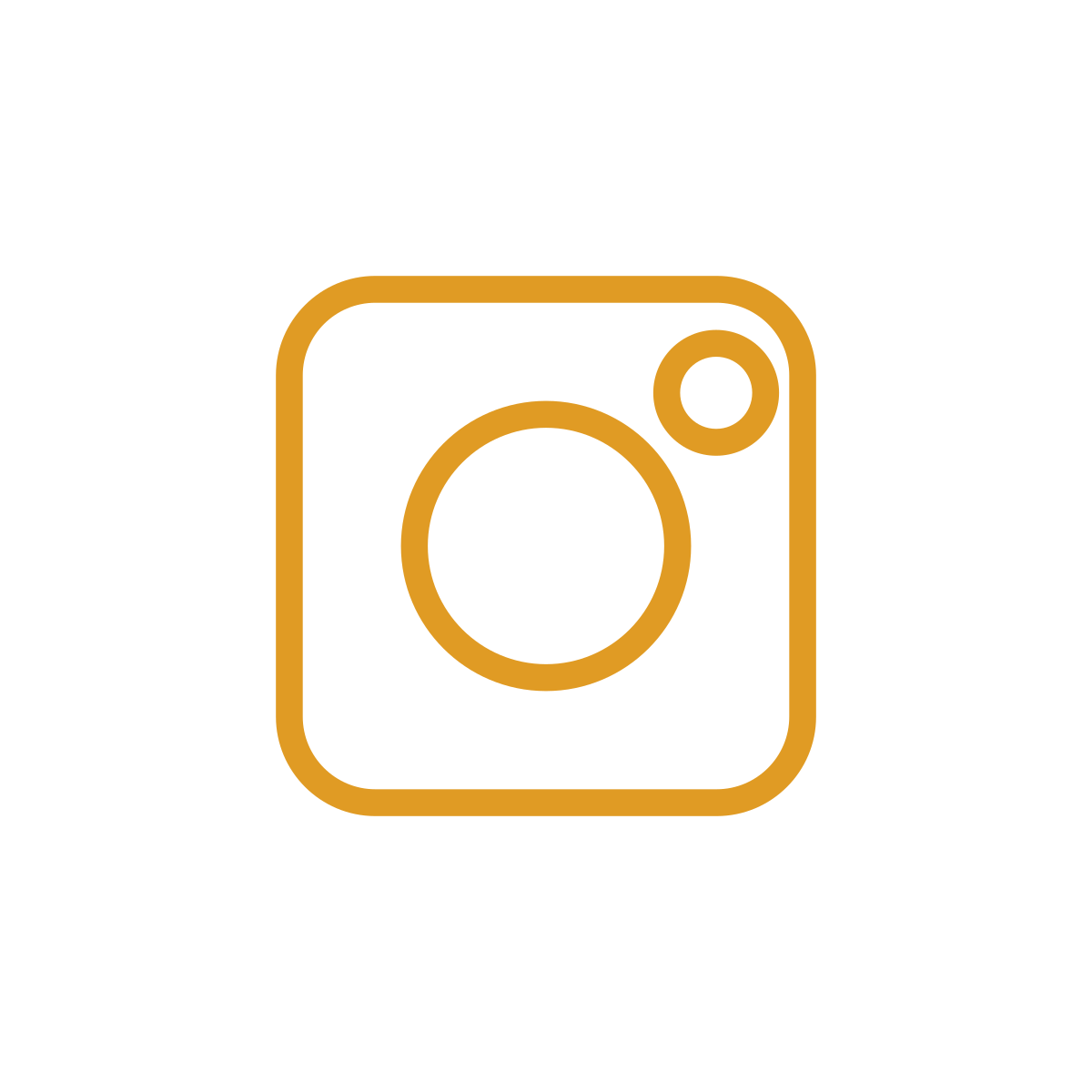 Gold outline icon of a camera, resembling an Instagram logo.