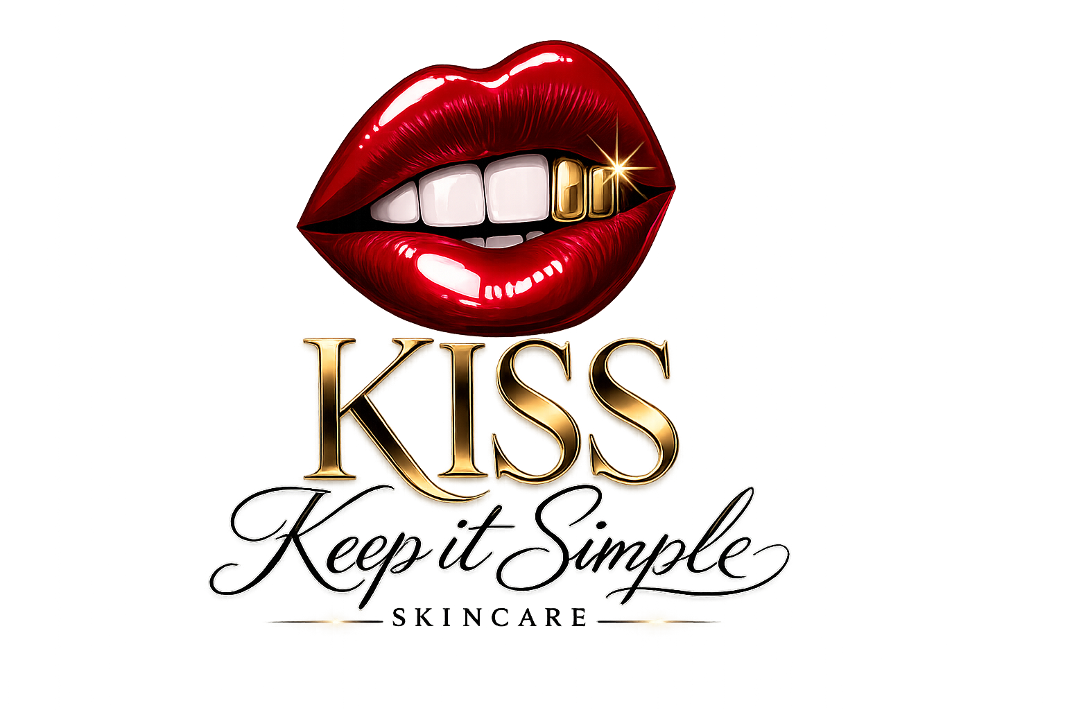 A digital illustration of glossy red lips slightly parted with white teeth, one gold tooth, and a small starburst reflection. Text below reads 'KISS' in large gold letters and 'Keep it Simple' in black cursive, with smaller black text 'SKINCARE' underneath.