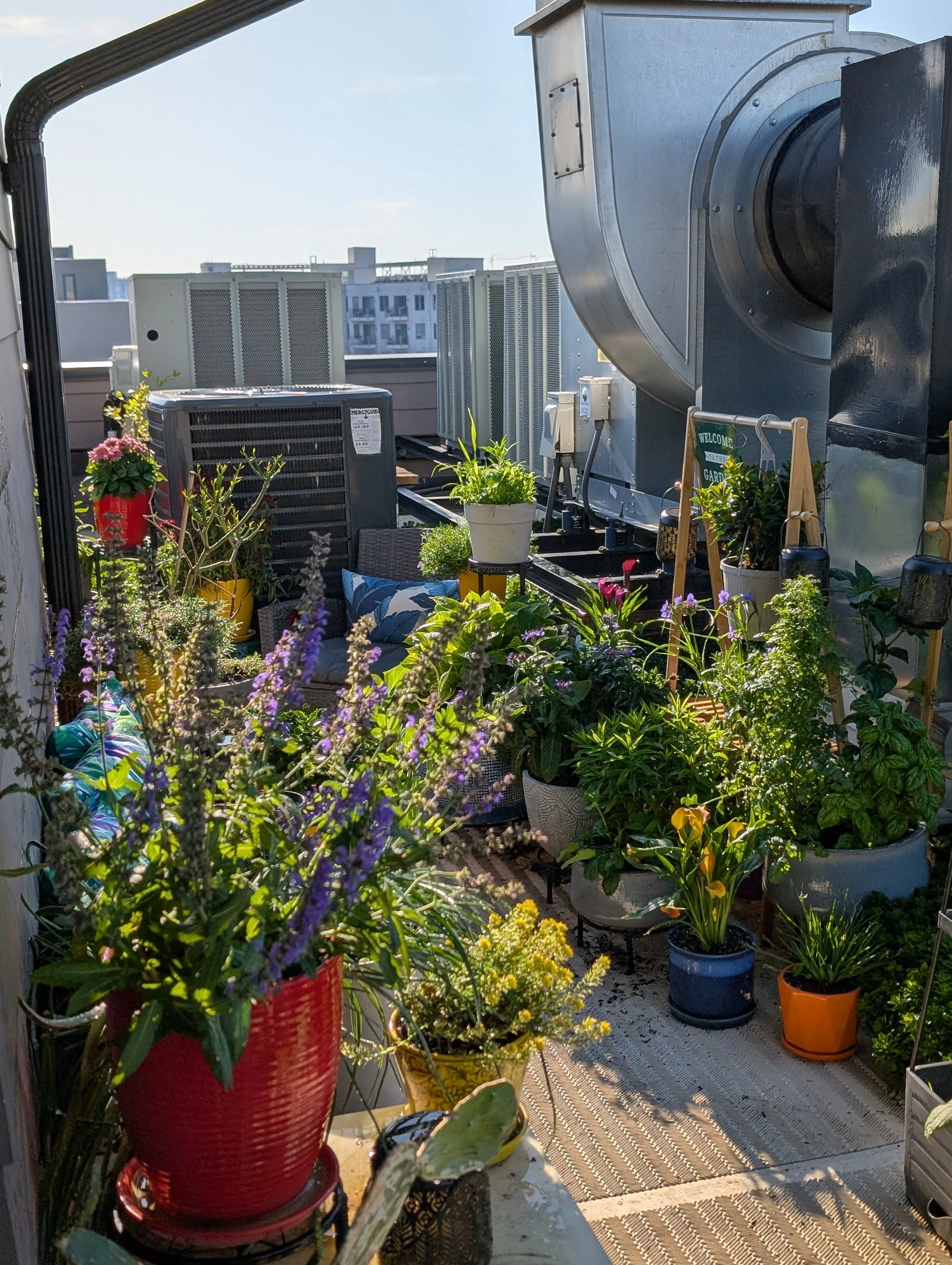 Balcony filled with potted plants, flowers, and garden decorations, with HVAC units on the rooftop in the background, and a balcony floor mat.