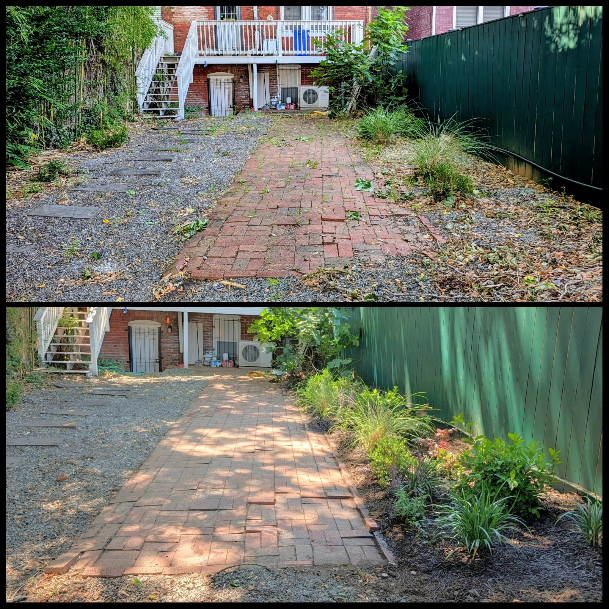A backyard scene with a brick and gravel pathway leading to a patio area, surrounded by green plants and bushes, with a green fence on the right side and a staircase at the back.