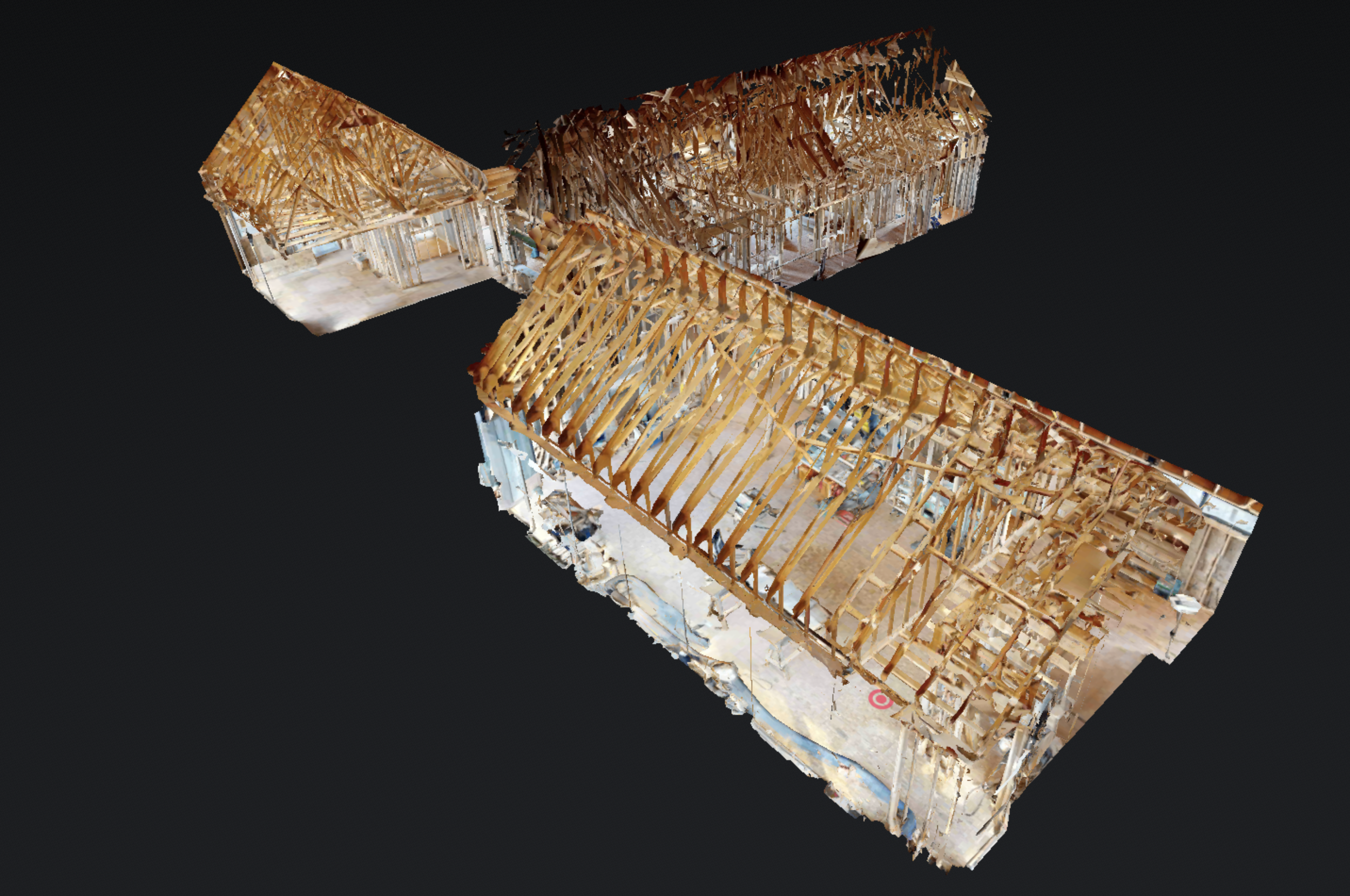 3D scan model of a house under construction showing wooden framing and roof structures.