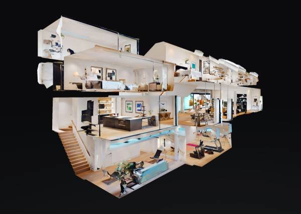 A cutaway view of a modern multi-story house showing various rooms including living areas, bedrooms, bathrooms, and a kitchen with contemporary furniture and decor.