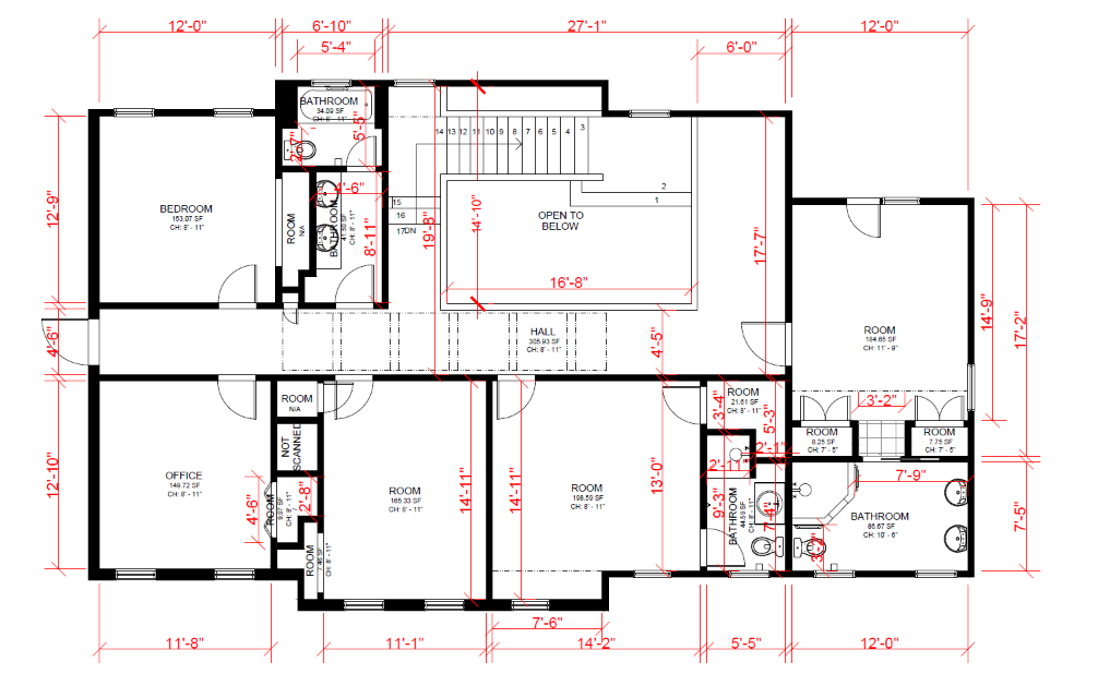 Floor plan of a building with various rooms including bedrooms, bathrooms, an office, and living spaces, with detailed measurements in feet and inches.