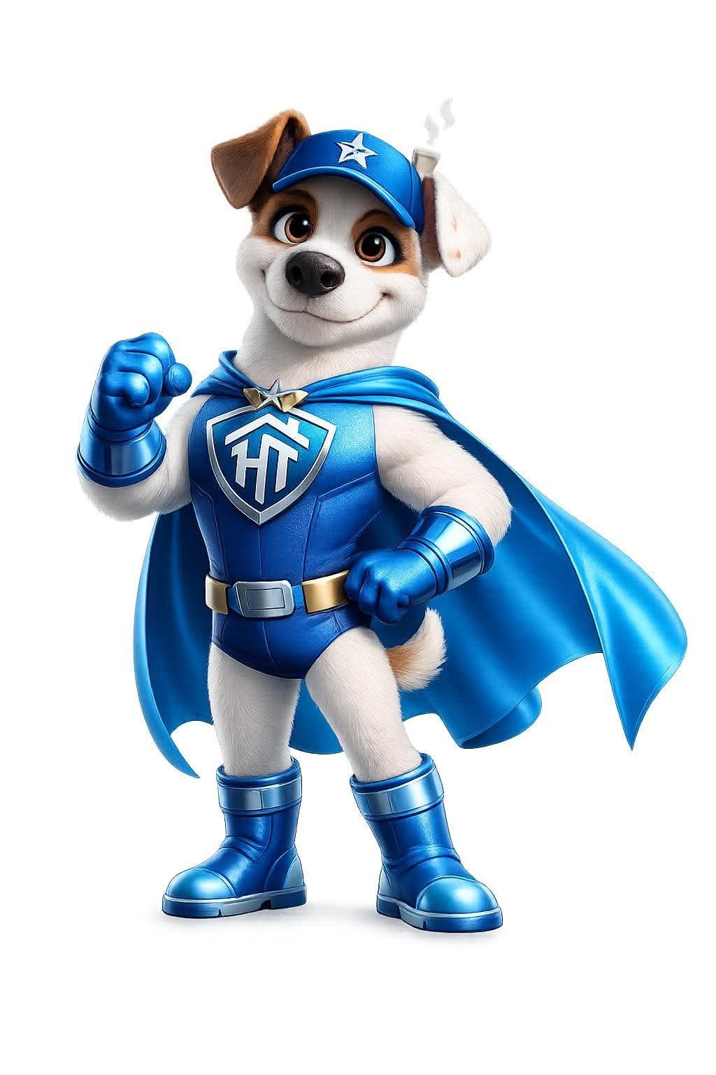 Animated dog dressed as a superhero with blue costume, cape, mask, and boots, making a fist with its right paw.