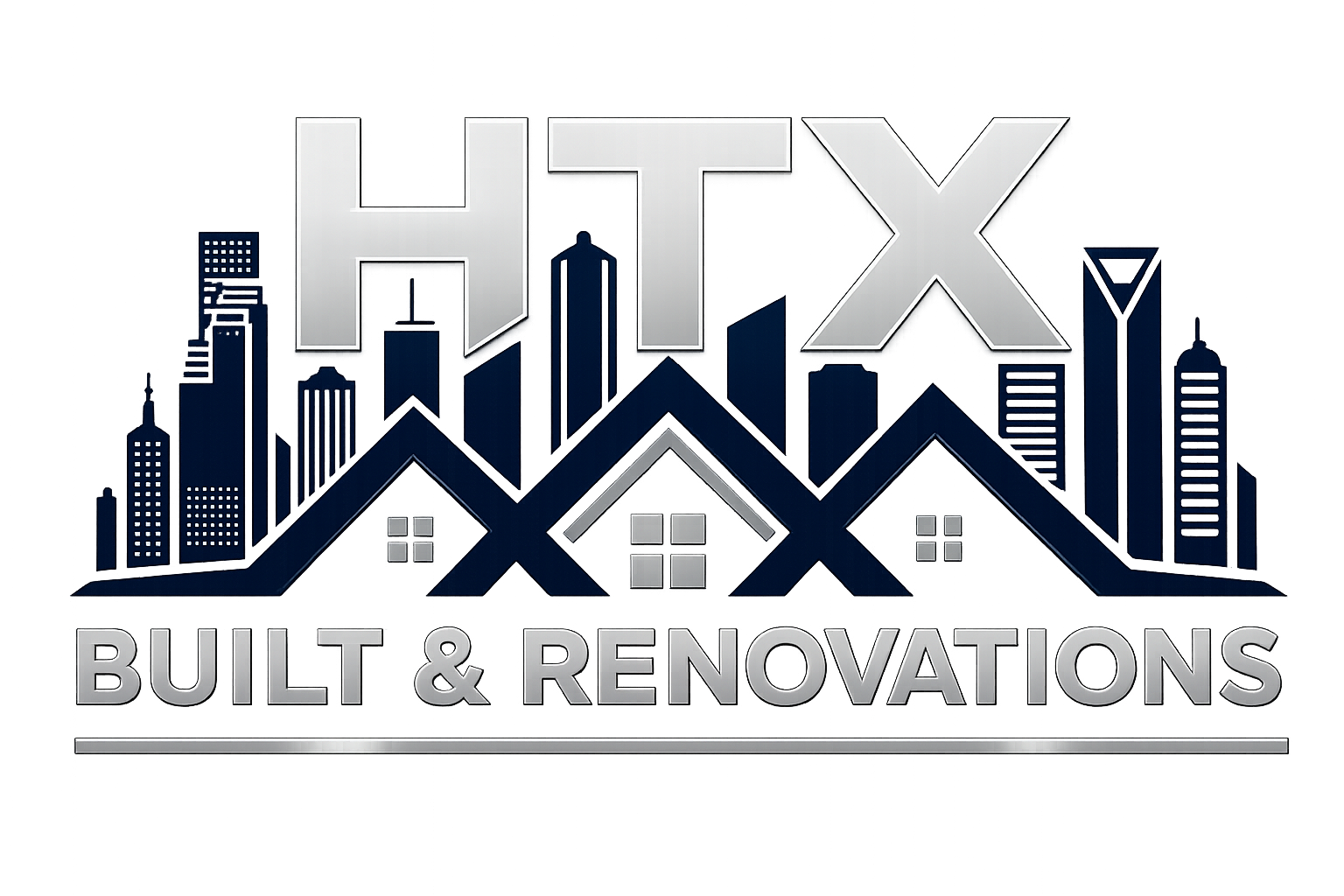 A logo for HTX Built & Renovations featuring a city skyline with tall buildings, and the company name "HTX" in large silver letters above the text "Built & Renovations" on a gray banner.