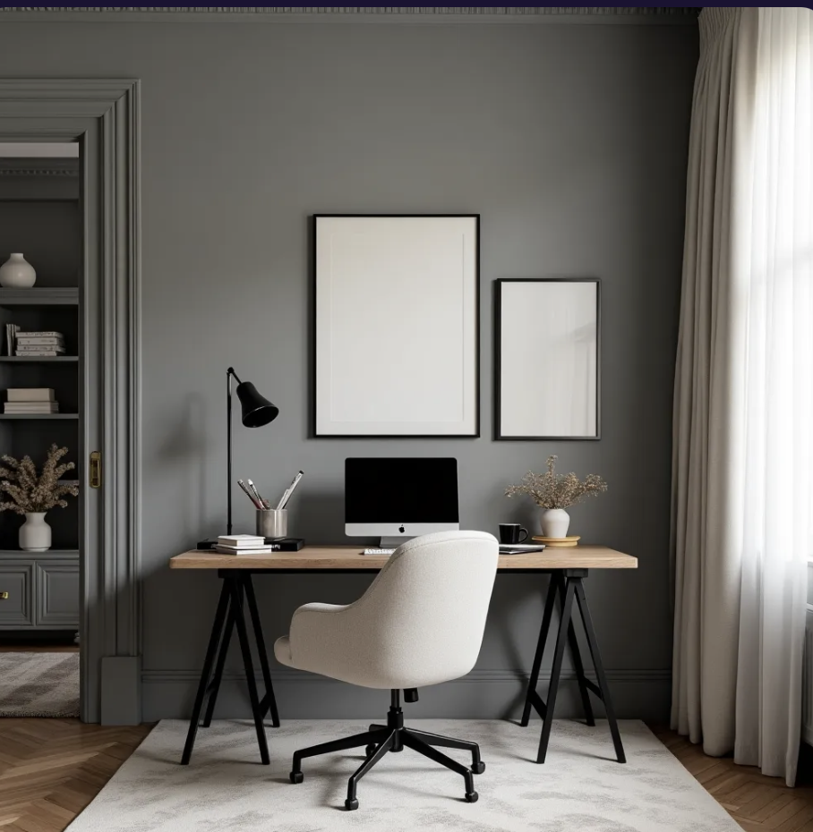 A home office with a wooden desk, a white office chair, black desk lamp, iMac computer, vase with dried flowers, and a black cup. Behind the desk is a grey wall with two empty black-framed pictures. To the left, a built-in shelf with decorative objects and books. To the right, a window with cream curtains, and a light-colored area rug on a wooden floor.