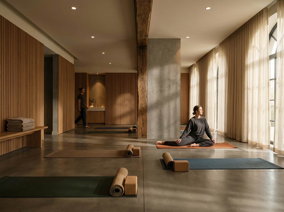 A woman practicing yoga indoors on a yoga mat, sitting in a cross-legged position and looking out the large windows with curtains, with other yoga mats and props nearby in a spacious, modern wooden-decor room.