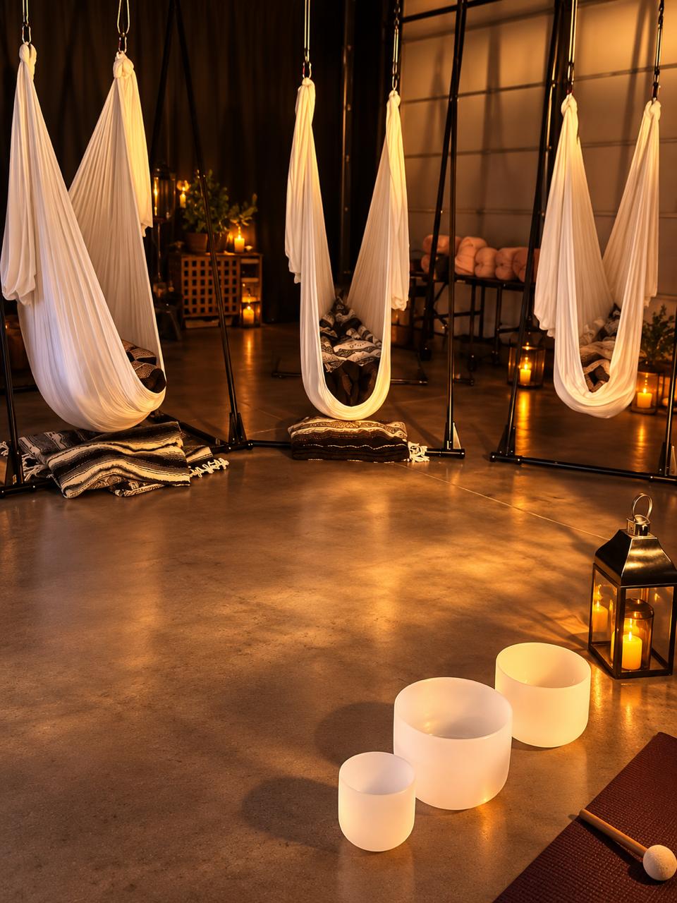 Aerial yoga hammocks prepared for a private floating sound bath by Let Go & Breathe Yoga in Oklahoma