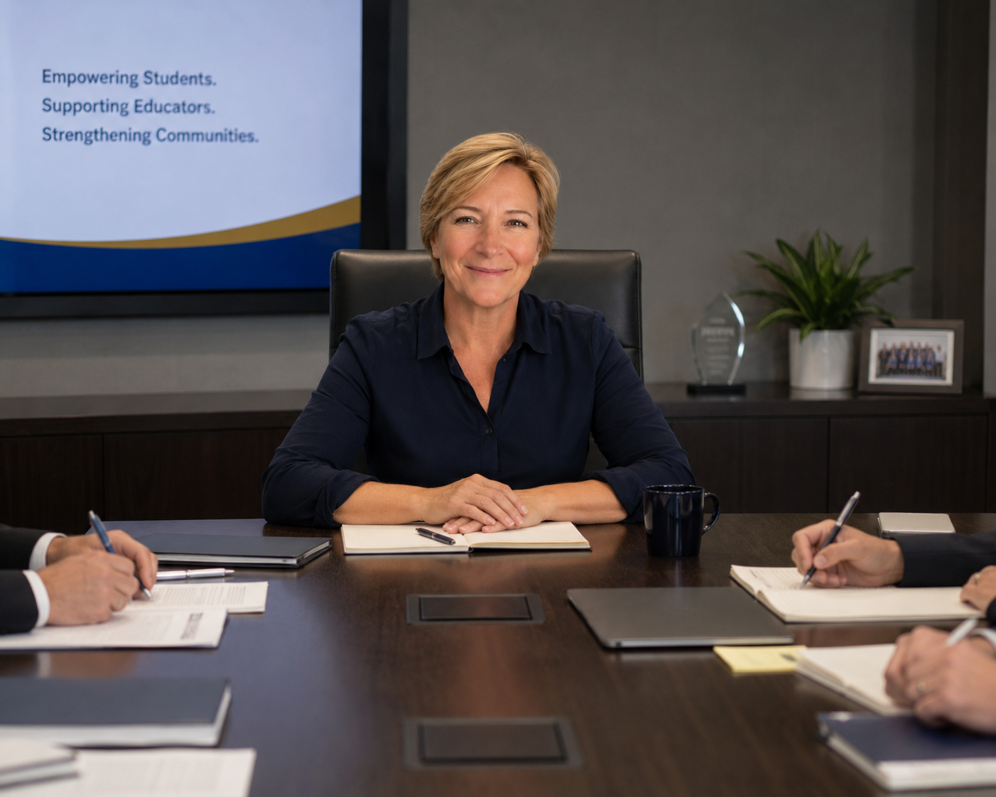 A woman sitting at a conference table with notebooks and pens, smiling, with a presentation slide in the background. Multiple people are taking notes.
