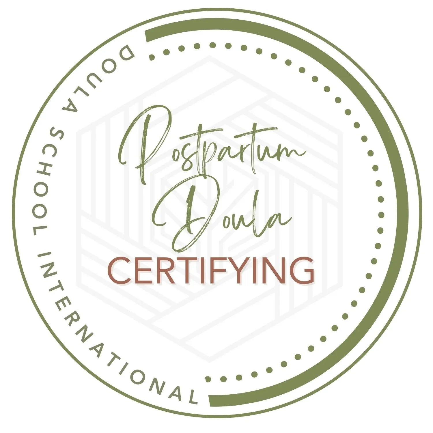A circular certification seal with green and brown text that reads "Postpartum Iowa Certifying" and "In collaboration with the Iowa International" around the edge, featuring a subtle geometric pattern in the background.