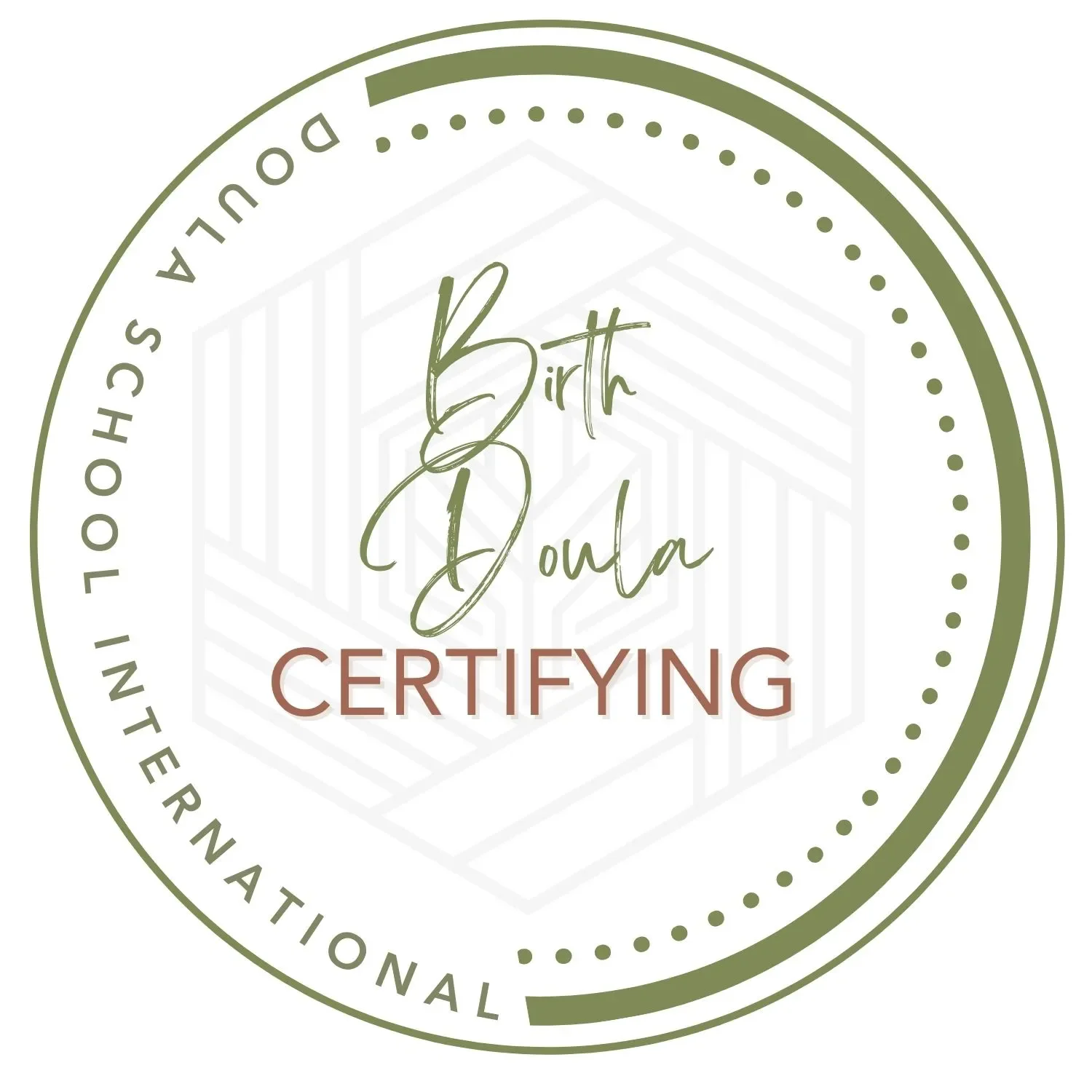 A circular certification seal with green and brown text that reads "Birth Data Certifying" and "International" around the edges. The background contains a faint geometric pattern.