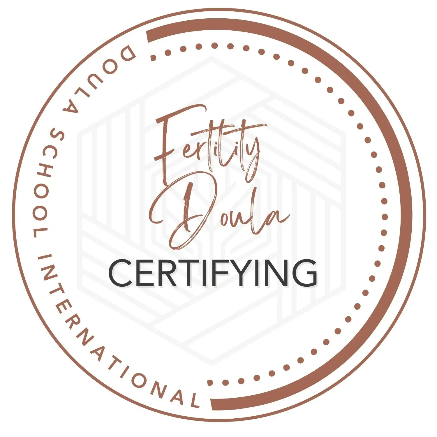 Certification badge with the words "Fertility Doula" in the center, surrounded by a circular border that reads "In Touch with Your Fertility" and "International".