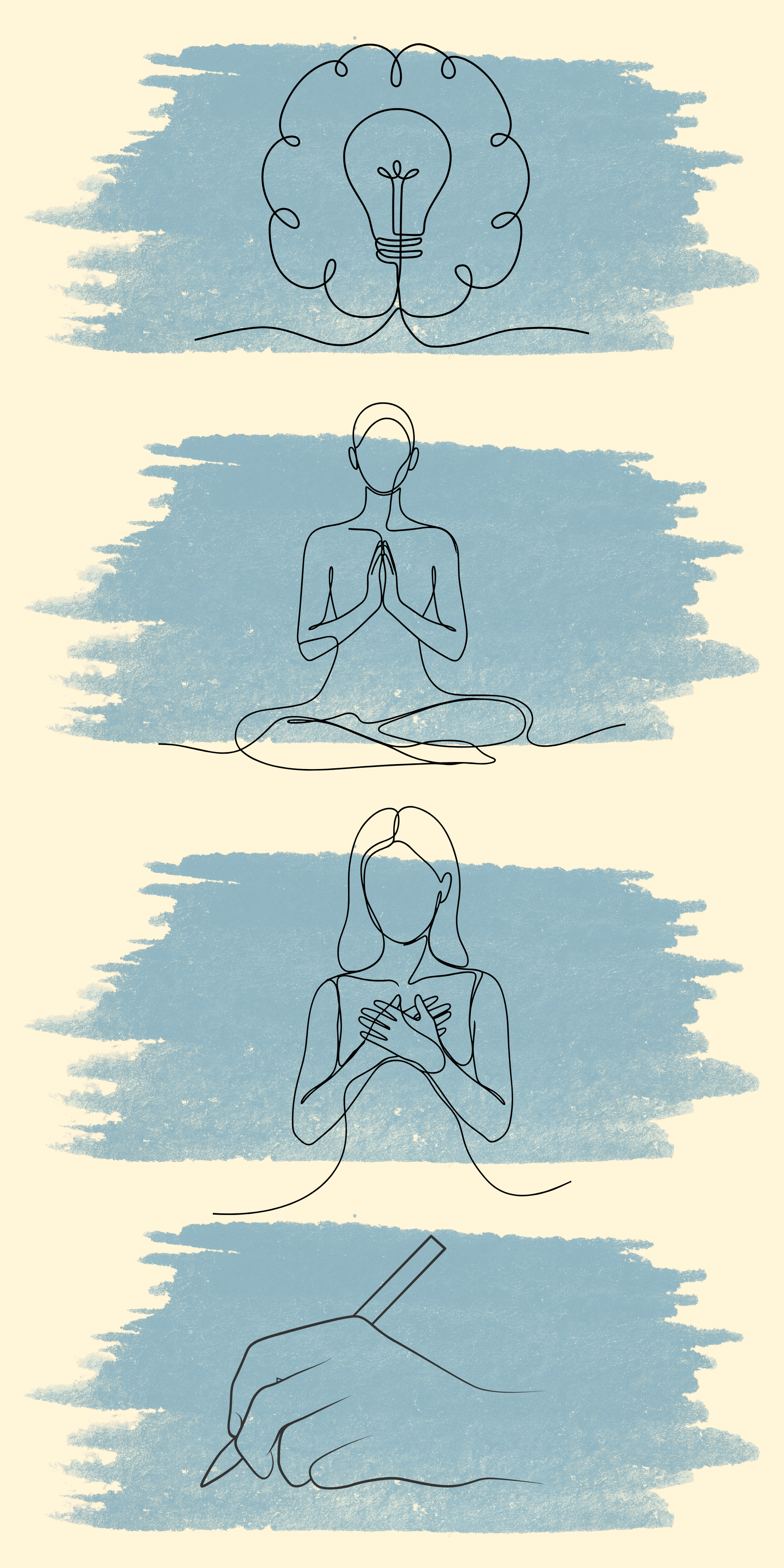A series of four minimalist line drawings on a blue watercolor background, depicting a light bulb, a person meditating, a person with hands over their heart, and a hand holding a pen.