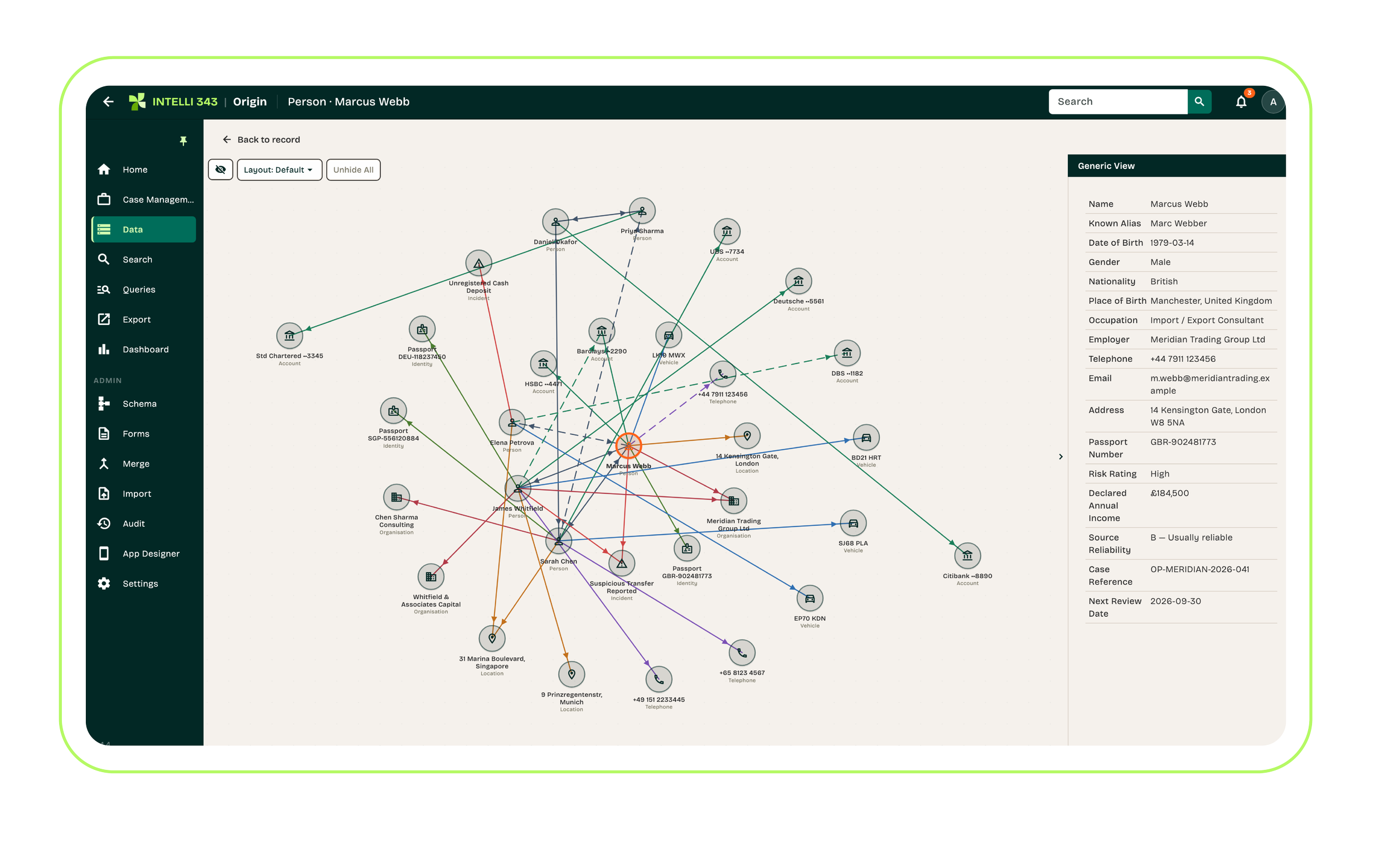 A computer screen displaying a data management interface with a diagram of interconnected nodes representing personal and account information for Marcus Webb, including contacts, locations, and organizations.