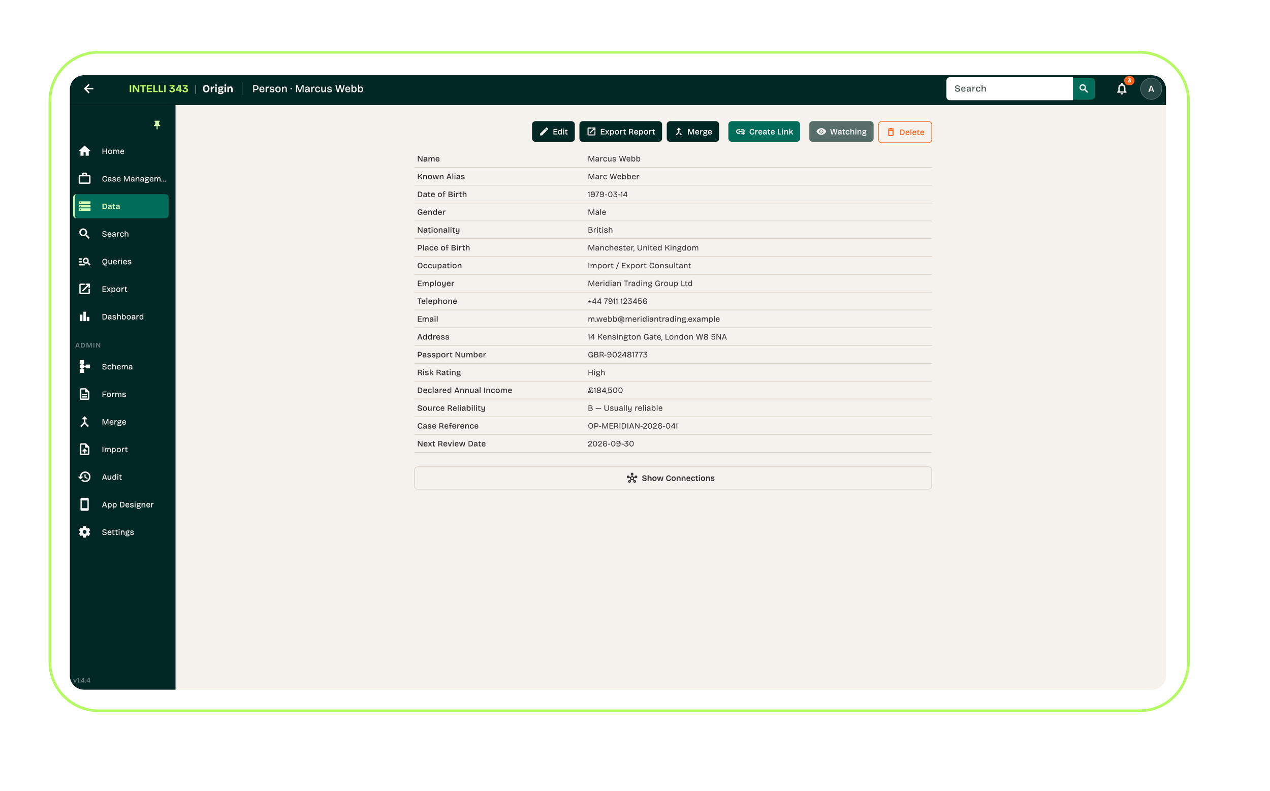 Screen capture of a digital dashboard interface showing detailed personal data of a man named Marcus Webb, including birth date, gender, nationality, occupation, employer, contact details, passport number, risk rating, income, and review date, with navigation menu on the left and options at the top.