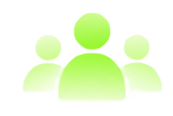 Simple green icon of three people, with one larger figure in the center and two smaller figures on each side, representing a group or team.