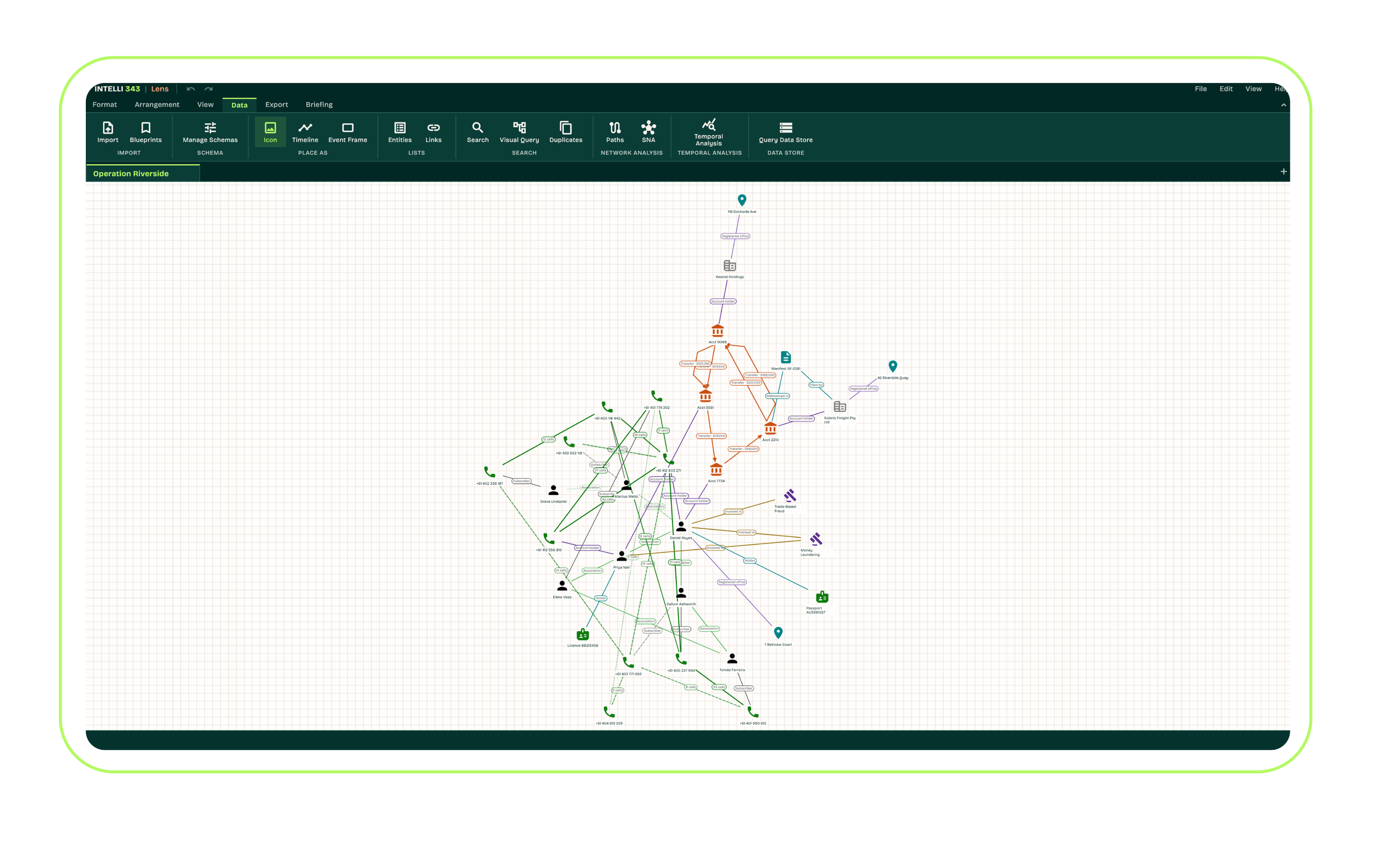 Screenshot of a network analysis software displaying a detailed network map with various nodes, links, and icons, on a dark-themed interface.