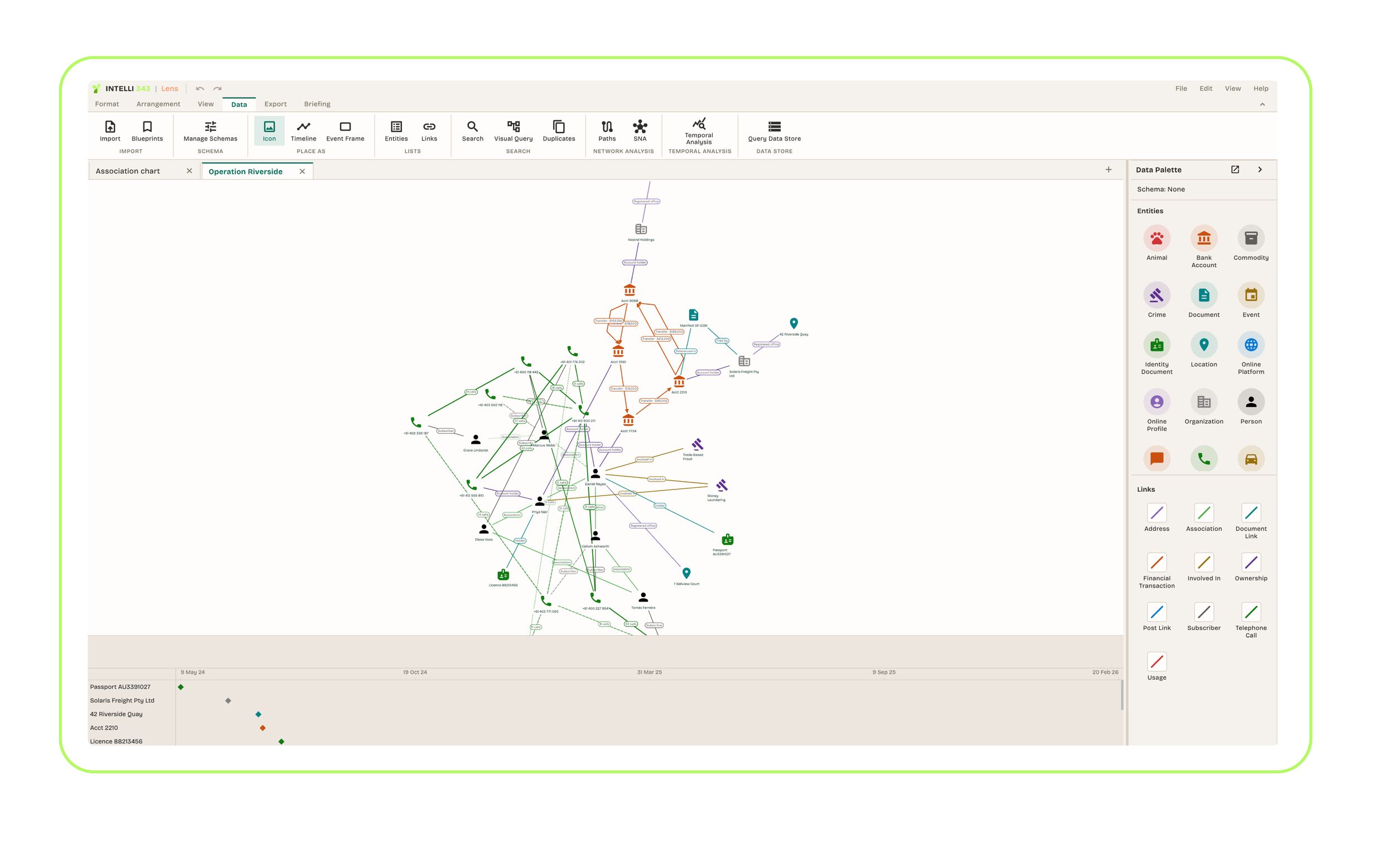 Screenshot of data analysis software displaying a complex network diagram with various colored nodes and connections, menu bar at the top, and side panel with entity icons on the right.