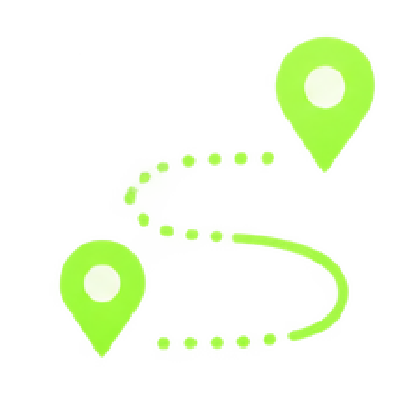 Map with two location markers connected by a curved route, in green outline.