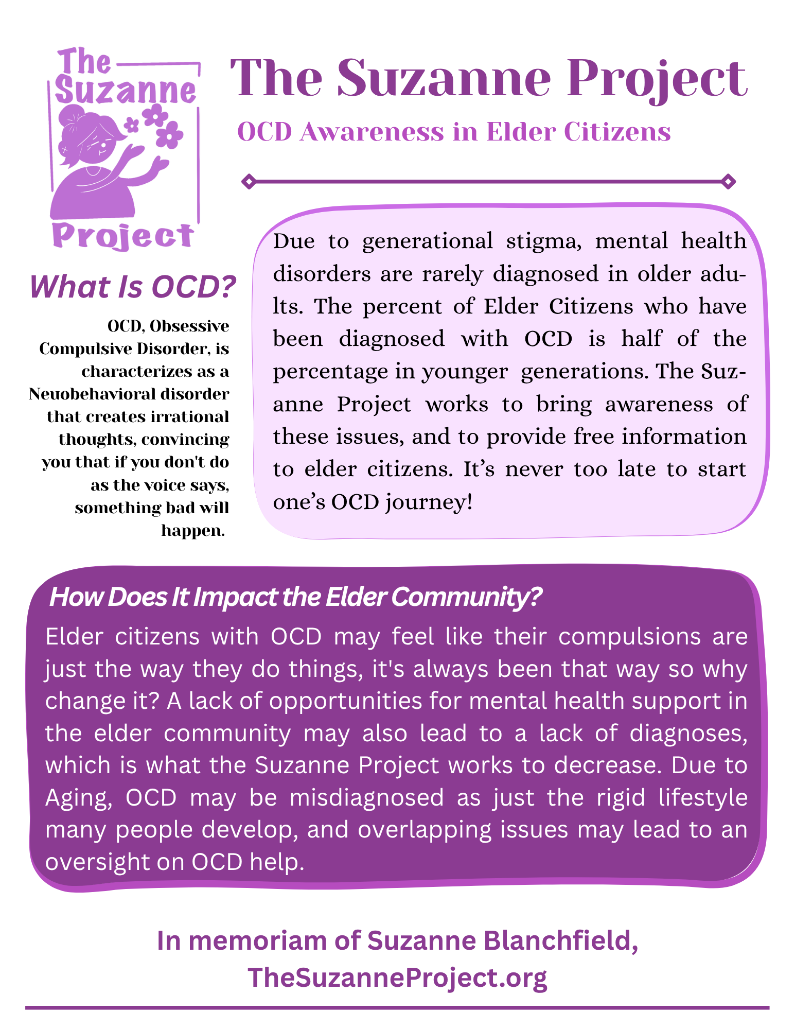 A purple and white informational poster for The Suzanne Project, raising awareness about OCD in elder citizens, including a cartoon illustration of an older woman, with sections explaining what OCD is, its impact on the elder community, and a memorial message for Suzanne Blanchfield.