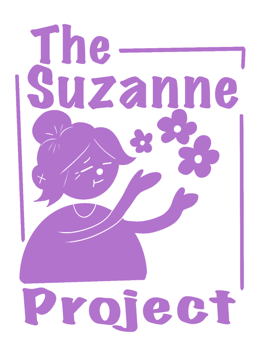 A purple illustrated logo with the text 'The Suzanne Project' and a drawing of a girl with flowers.