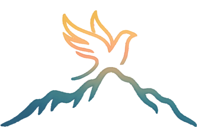 A logo featuring a stylized bird with wings spread, flying above a mountain range, with a yellow and red striped background.