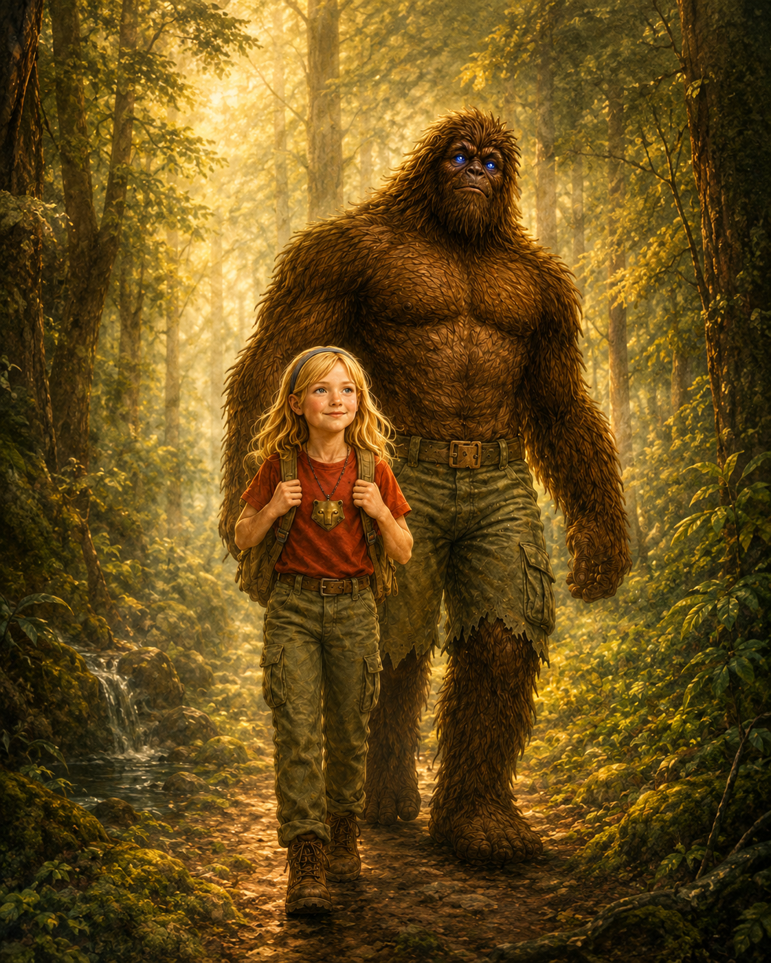 A young girl with blonde hair and a backpack walking in a sunlight forest with a large friendly-looking Sasquatch. The scene is warm and golden with trees and a small stream nearby.
