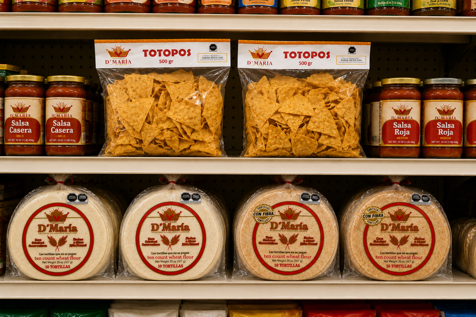 Shelf of Mexican food products including jars of salsa, bags of tortilla chips, and packages of wheat tortillas.