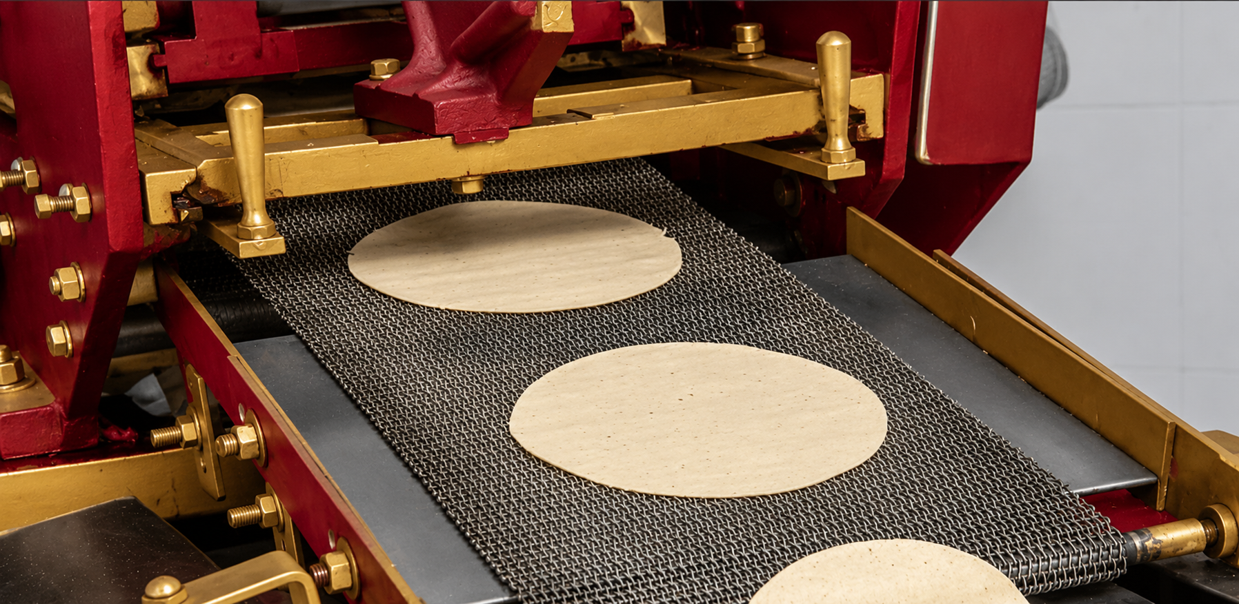 Oven conveyor with round uncooked pizzas or flatbreads being baked.