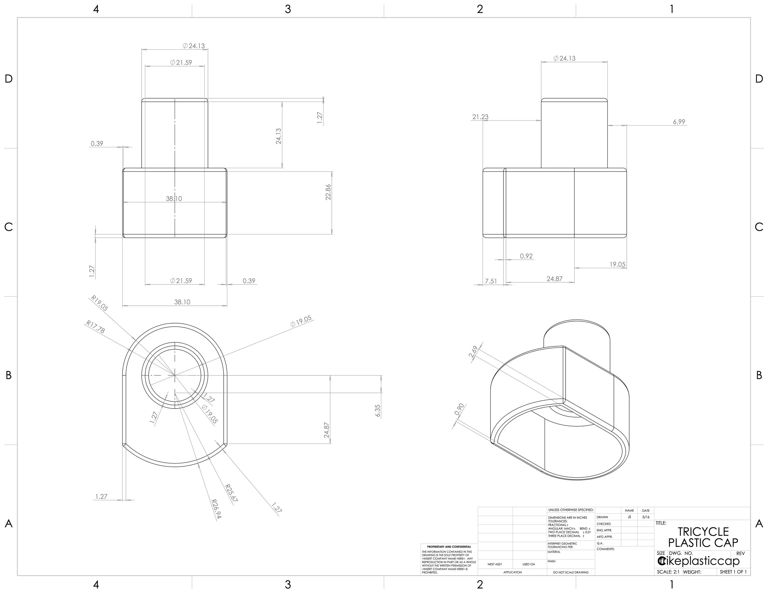 tricycle cad drawing: plastic cap 