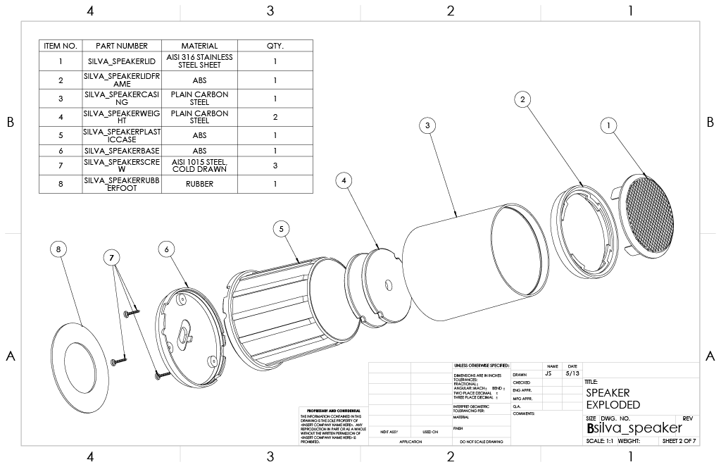 cad drawing of a speaker: exploded assembly