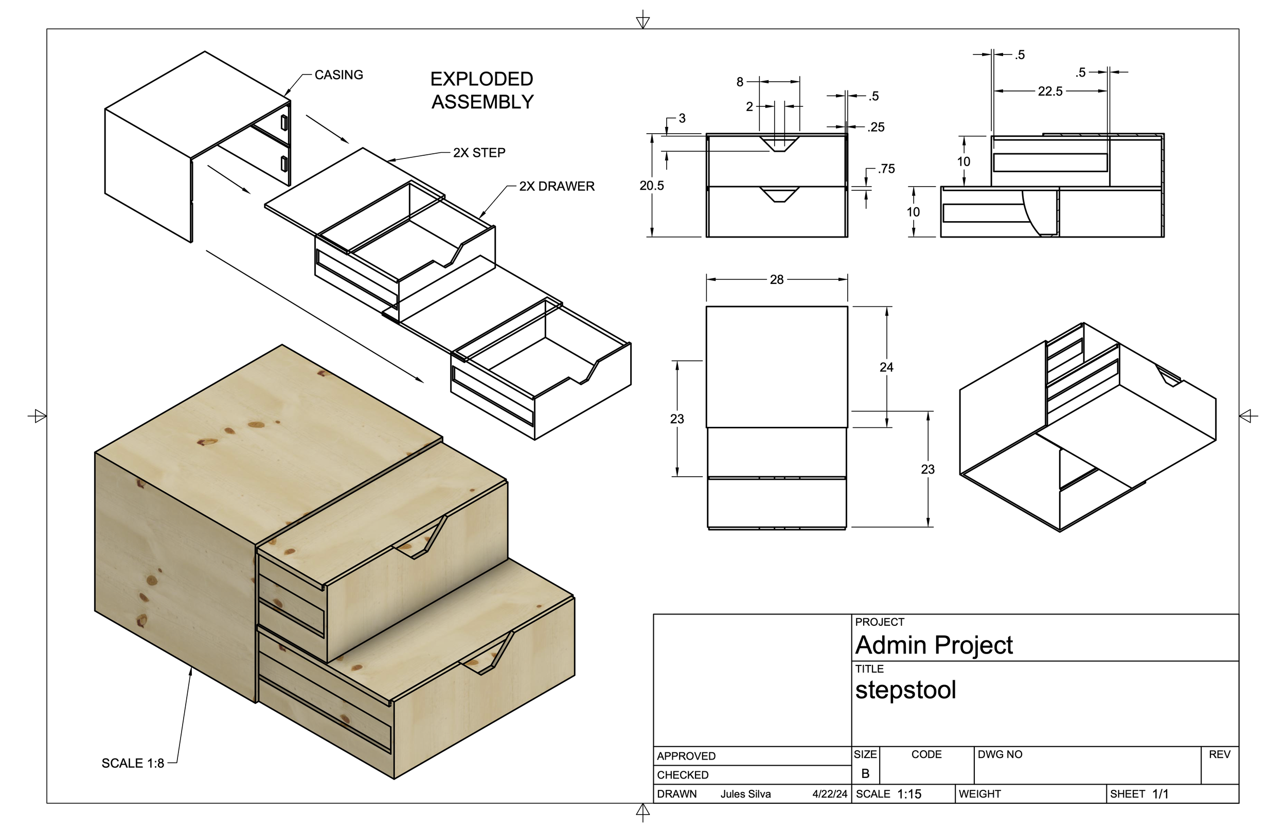 stepstool with storage drawers: cad drawing (fusion)