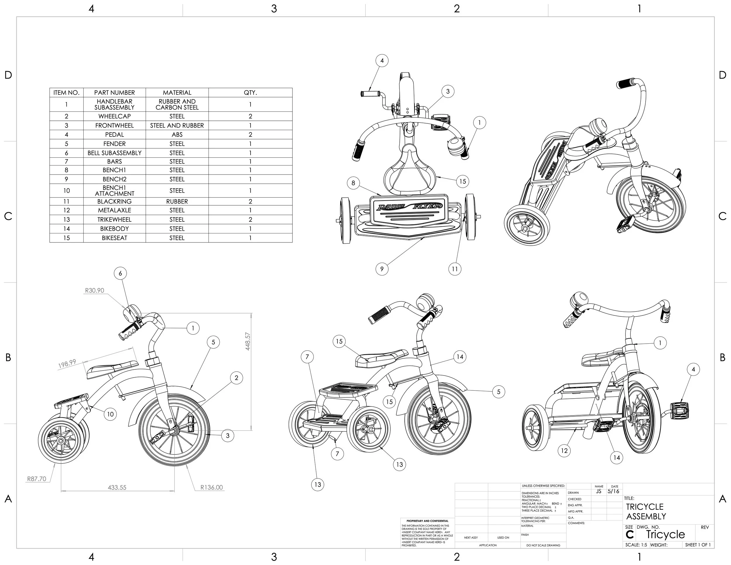 tricycle cad drawing: full assembly