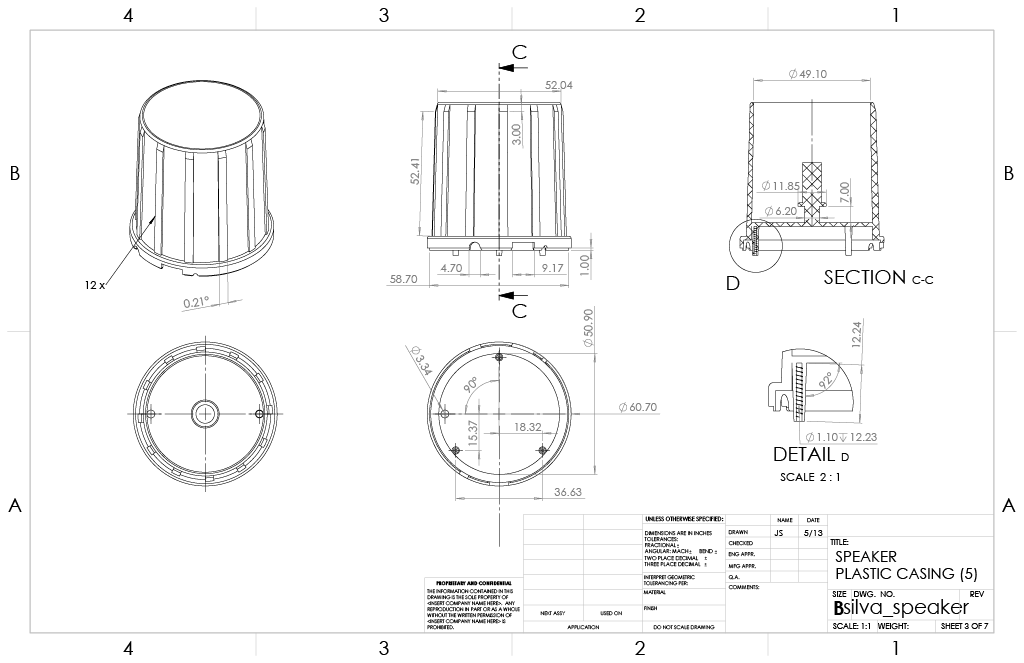 cad drawing of a speaker: casing