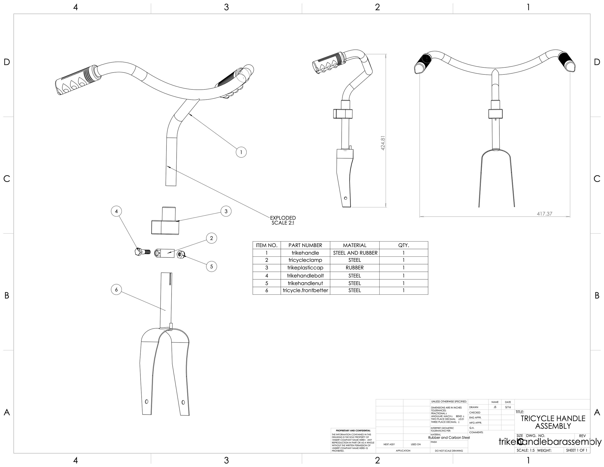 tricycle cad drawing: handlebar assembly