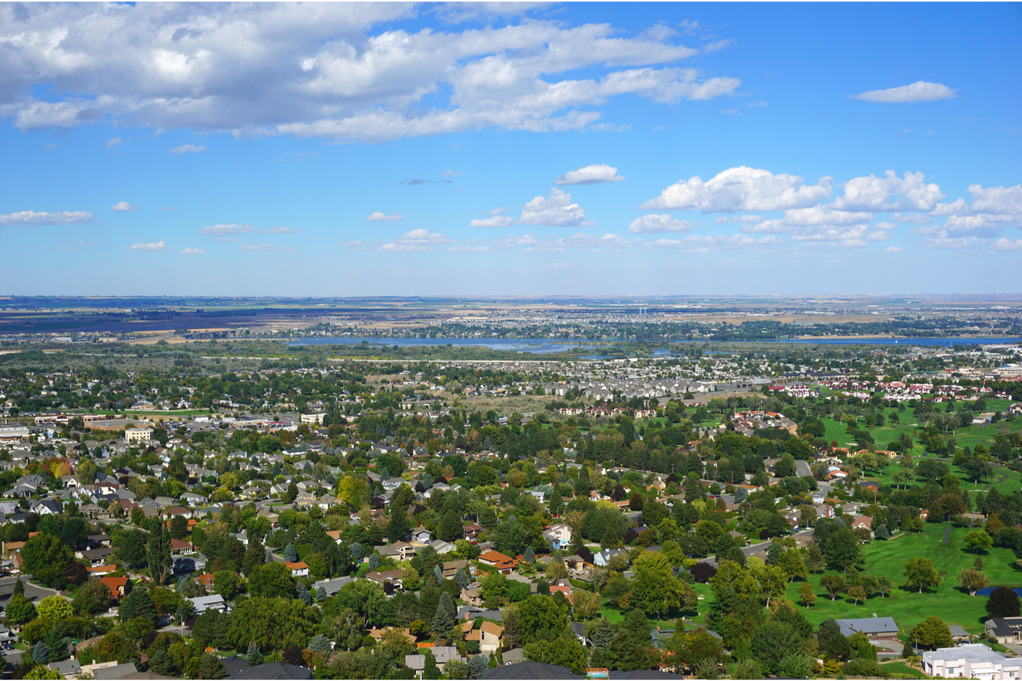 Aerial view of a suburban area with houses, trees, and green lawns, with a river and a cityscape in the background, under a partly cloudy sky.