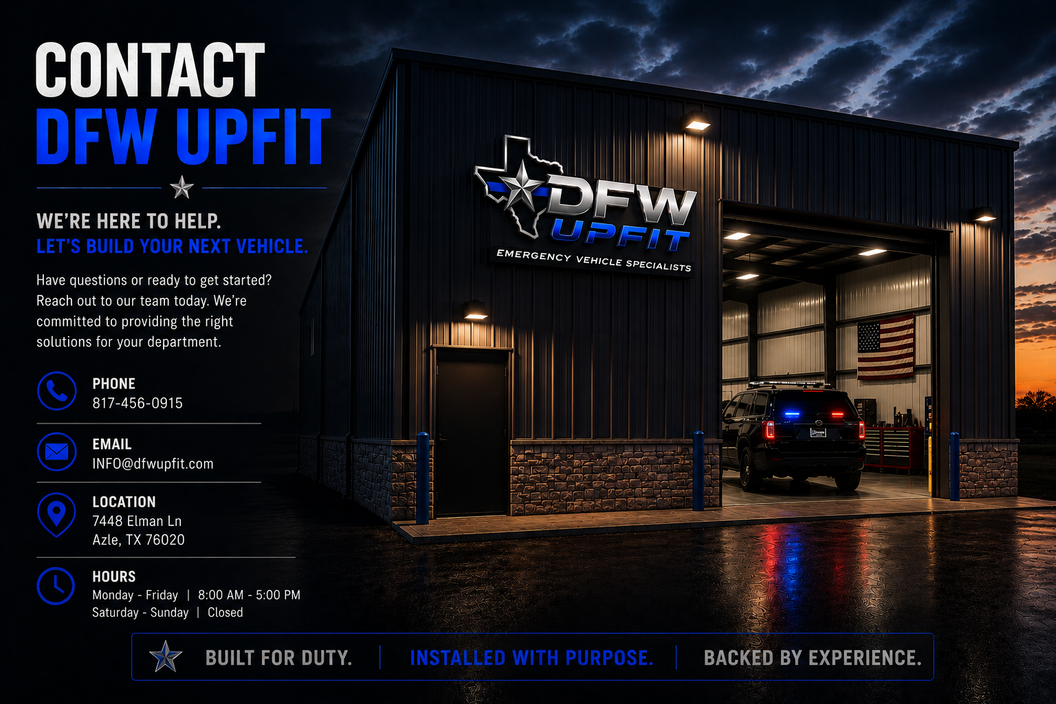 Exterior of an emergency vehicle repair shop called DFW Upfit at dusk with a black SUV inside, American flag, and contact information on the left side.