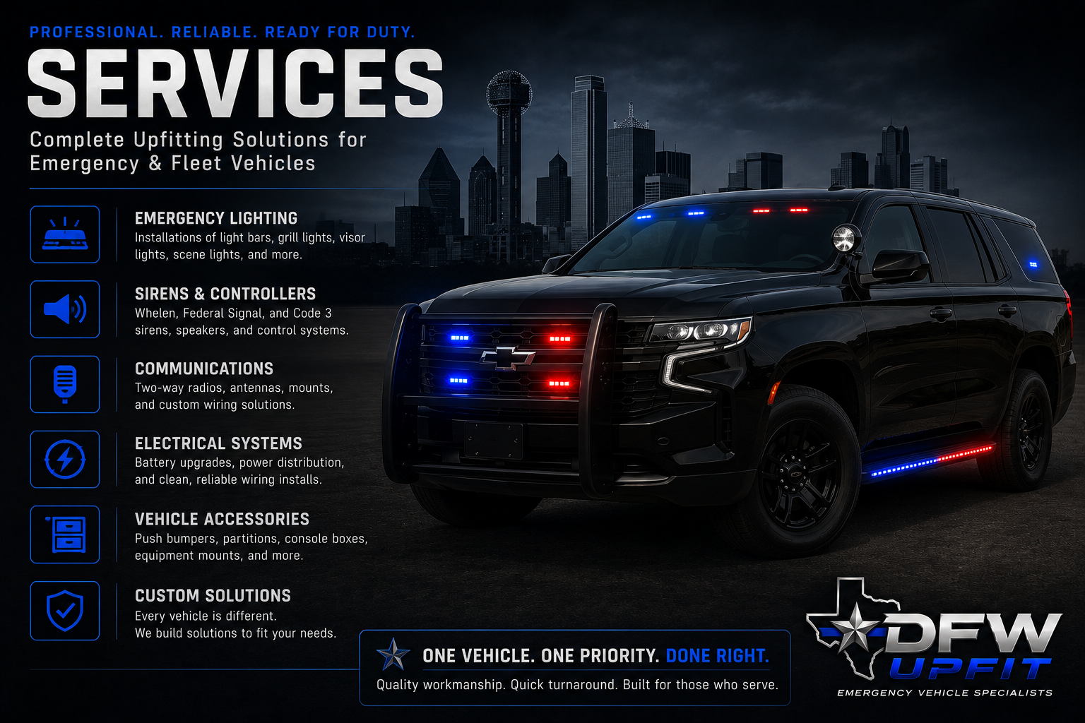 Advertisement for DFW Uplift emergency vehicle services featuring a black police SUV with blue and red emergency lights, set against a city skyline at night, listing services like emergency lighting, sirens, communications, electrical systems, vehicle accessories, and custom solutions.