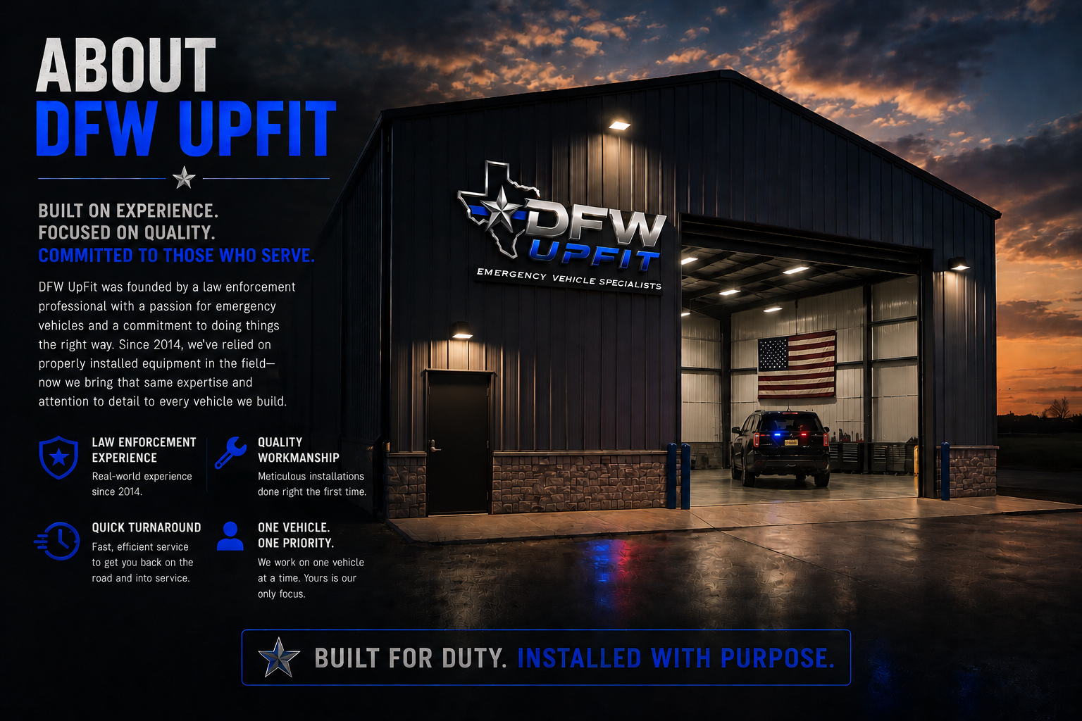 A digital advertisement for DFW UpFit, an emergency vehicle specialist company. The image shows a black metal building with a large open garage door, inside of which a black emergency vehicle is parked, displaying an American flag on the wall behind it. There are three small lights on the exterior of the building illuminating it against a sunset sky.