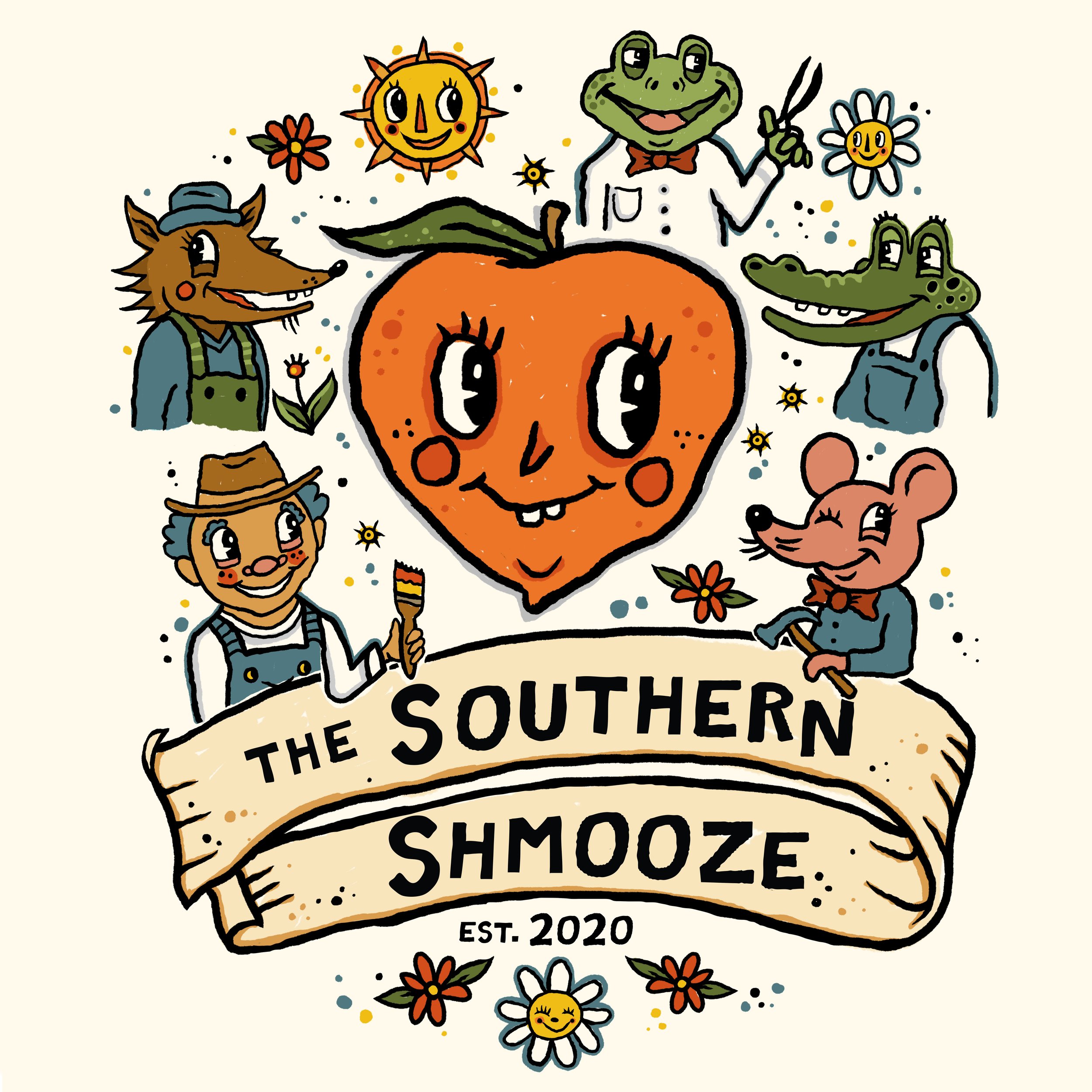 A colorful, cartoon-style illustration featuring a smiling orange pumpkin with big eyes in the center. Surrounding the pumpkin are various cheerful characters including a smiling fox with a blue hat, two crocodiles wearing shirts, a dog, a human farmer, and animated flowers and suns with smiling faces. The banner at the bottom reads "the Southern Shmooze" with smaller text "EST. 2020" underneath.