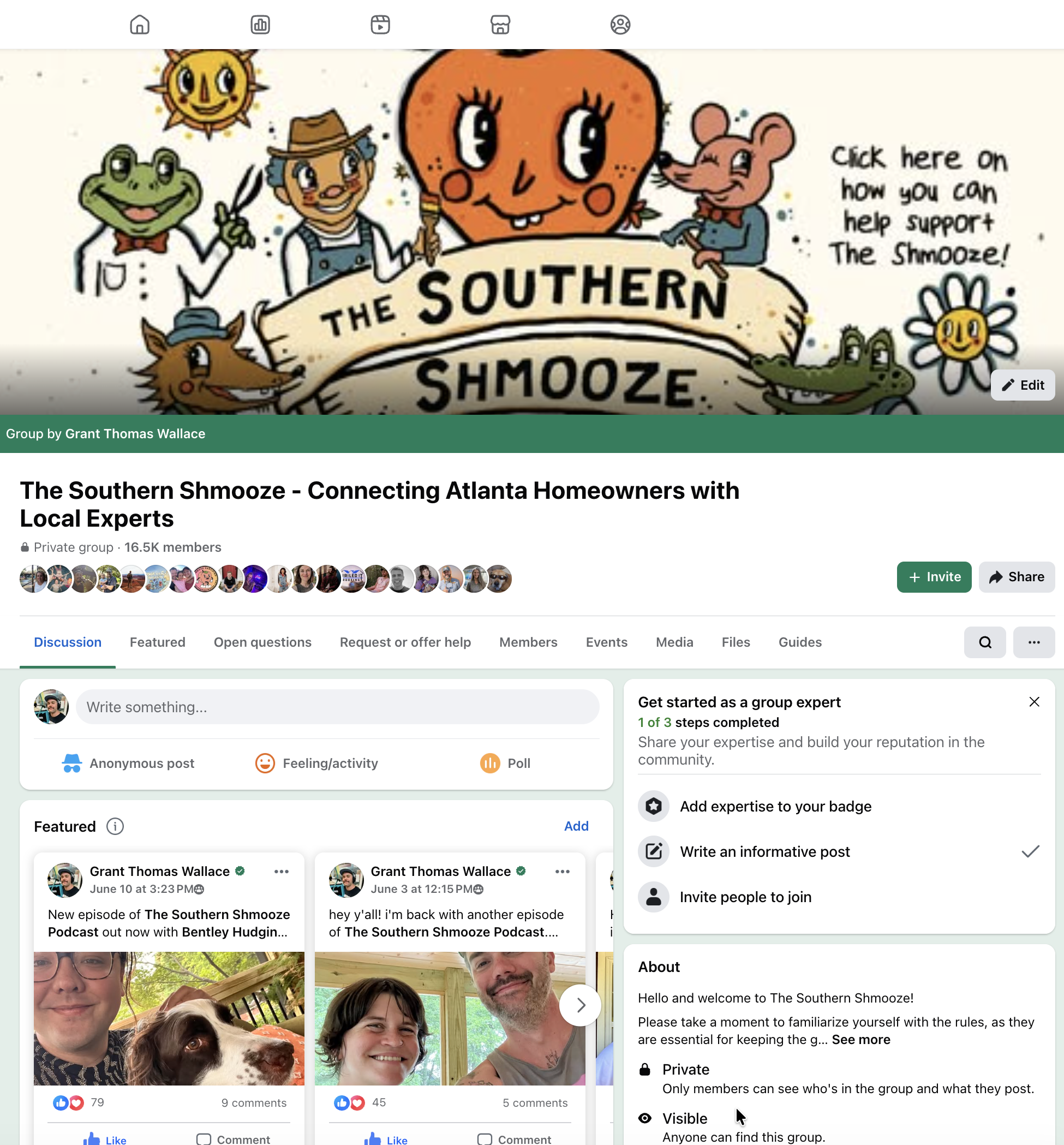 Screenshot of a Facebook group page titled 'The Southern Shmooze,' featuring cartoon characters including a sun, frog, kangaroo, fox, and mice, with written content inviting viewers to learn how they can support the group.