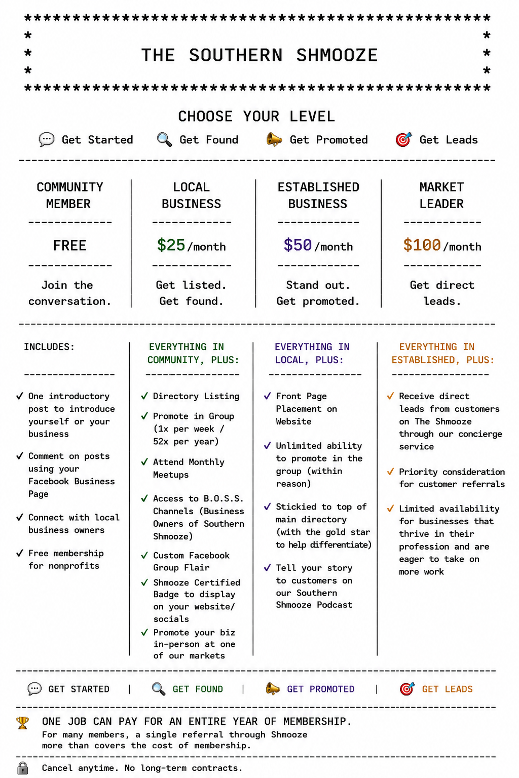 Pricing and membership options for The Southern Shmooze, with levels including Community Member (free), Local Business ($25/month), Established Business ($50/month), and Market Leader ($100/month). Each level offers different features for online promotion and lead generation.